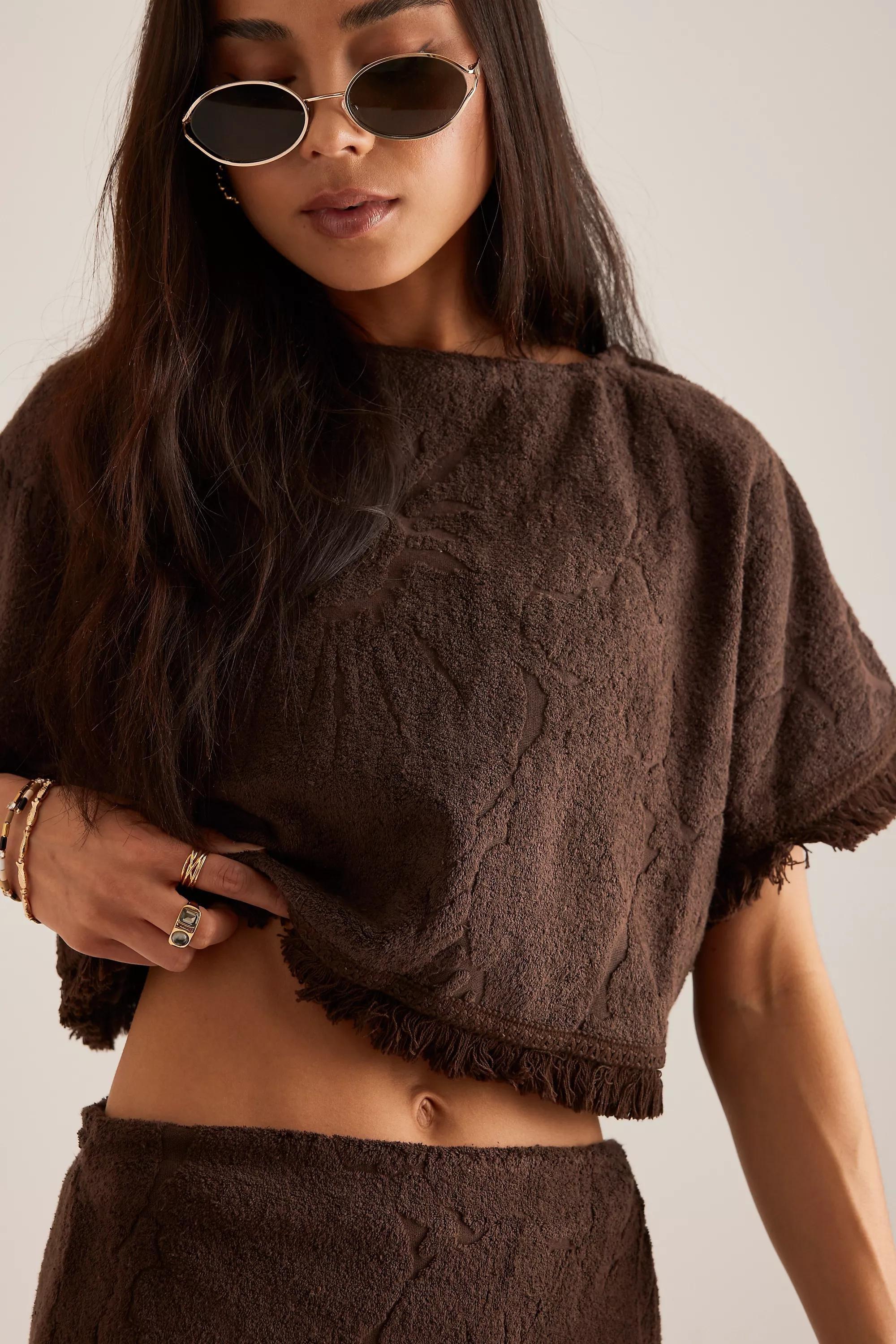 Brown Ollari Terry Textured Poncho, A501_0021, large image number 4
