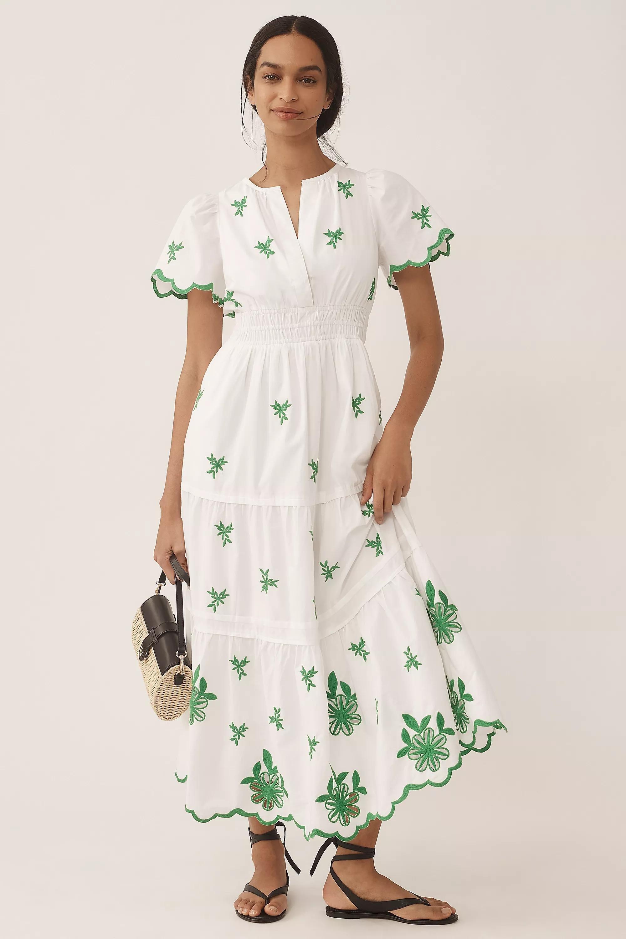 Anthropologie Embroidered A-Line Vacation Maxi, Green, Green, medium