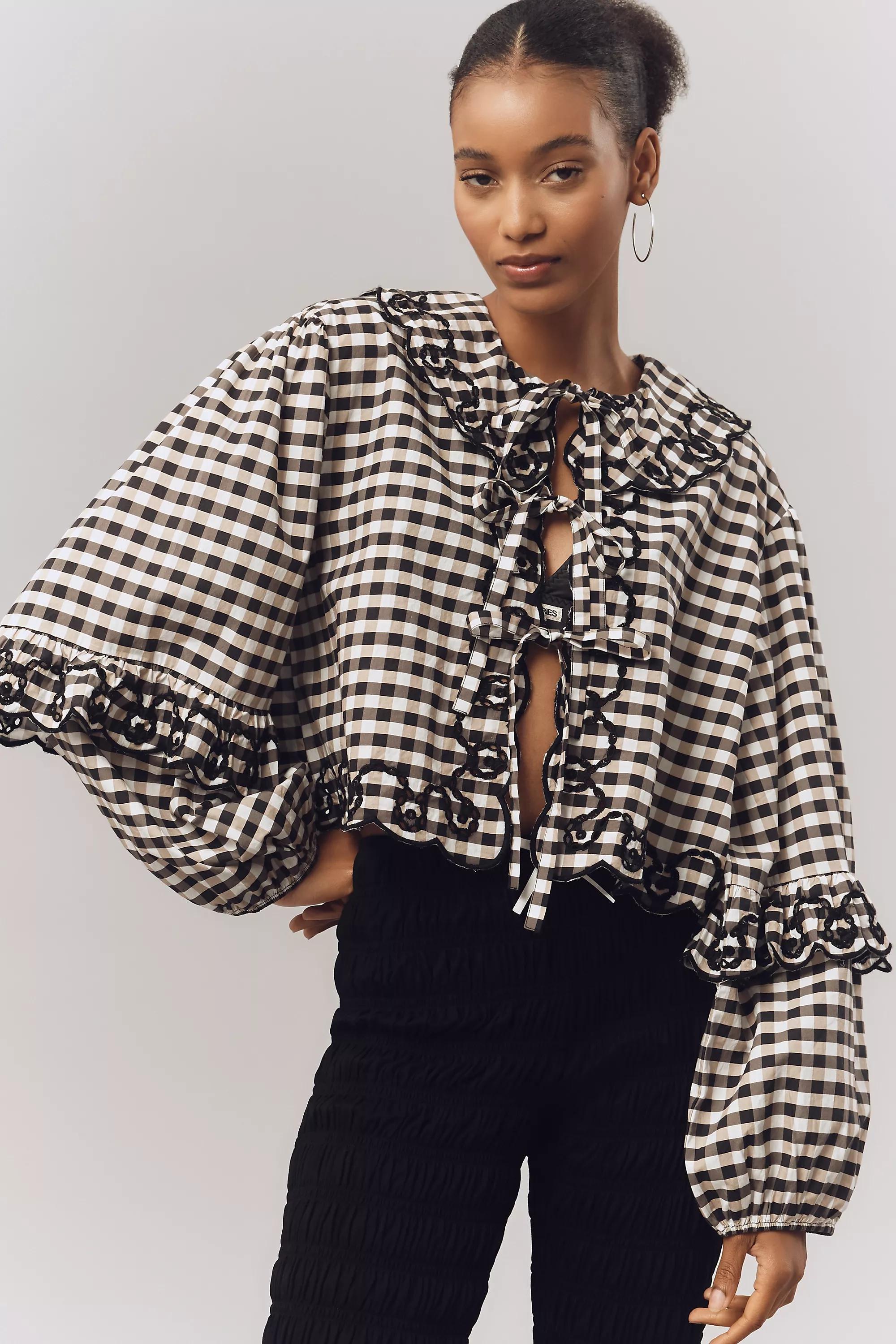 Maeve Long-Sleeve Scallop Tie-Front Blouse, Multicolour, A501_0018, large image number 0
