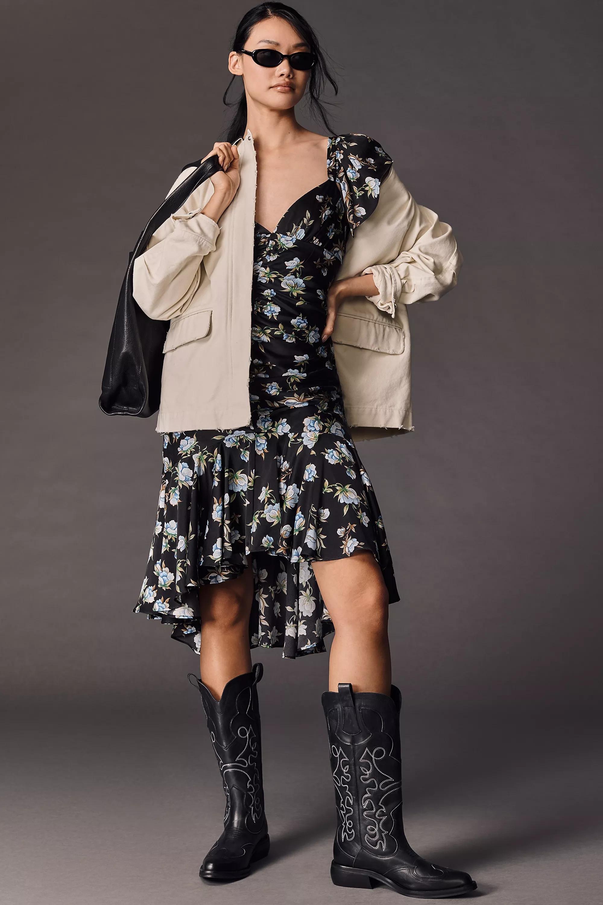 Anthropologie Floral Baby Doll Midi Dress, Black, , large image number 1