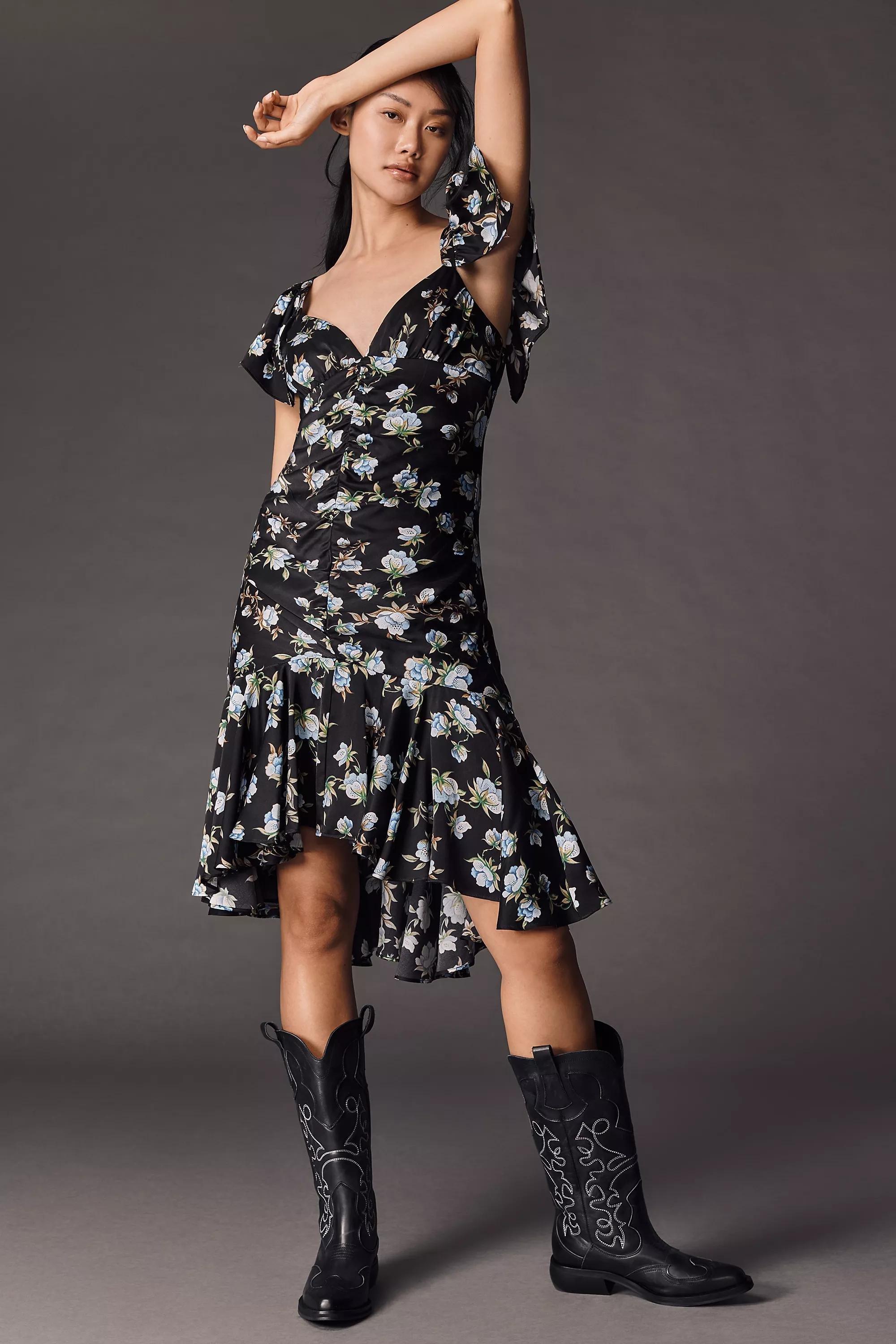 Anthropologie Floral Baby Doll Midi Dress, Black, , large image number 3