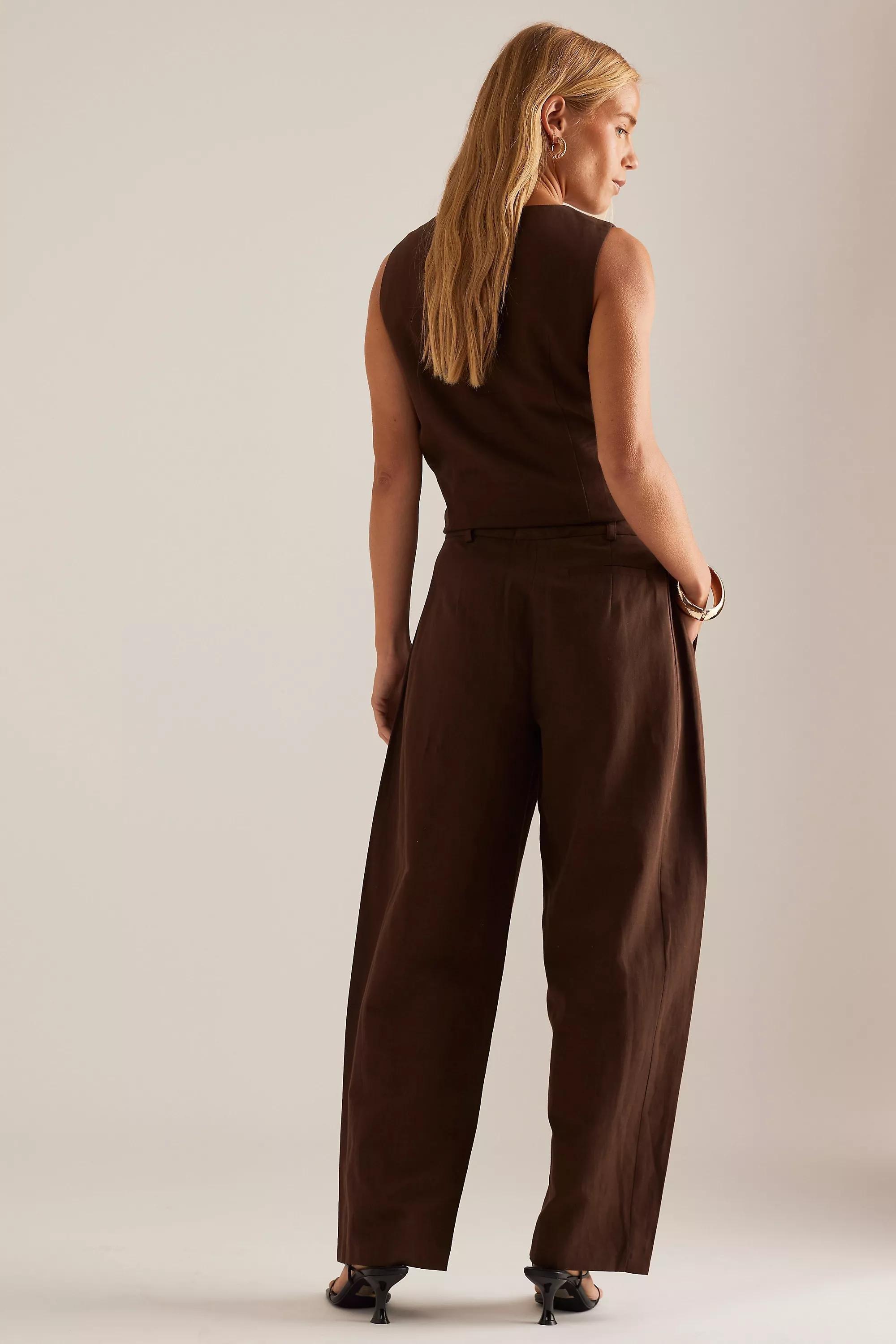 Linen-Blend Barrel Trousers, Brown, , large image number 1