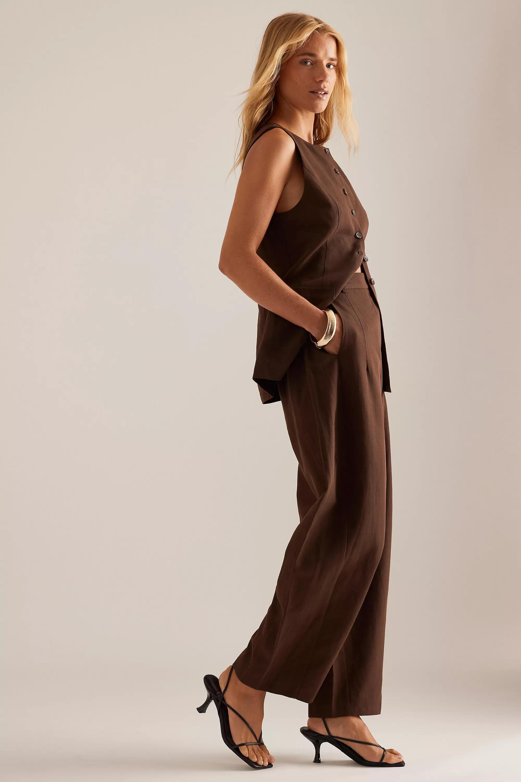 Linen-Blend Barrel Trousers, Brown, , large image number 2
