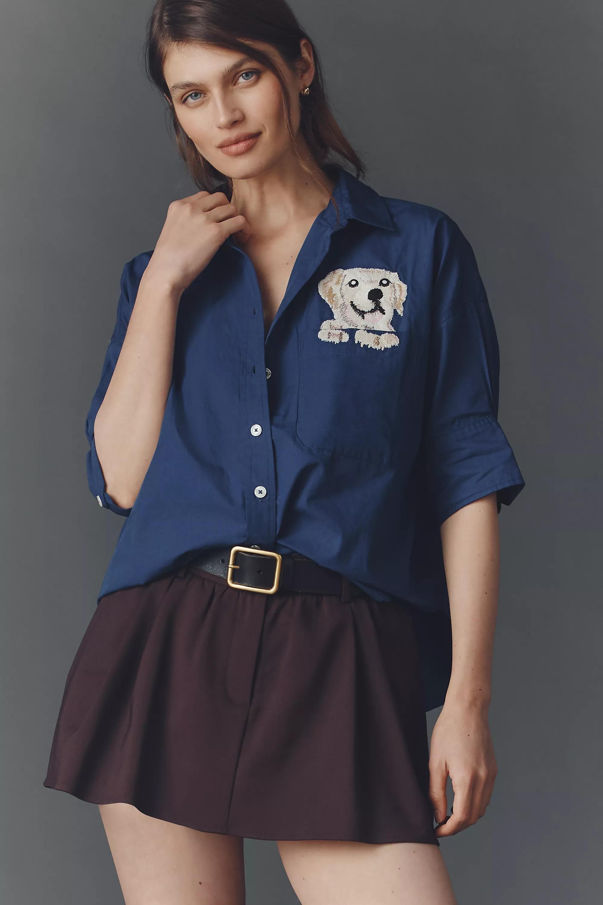 By Maeve Embroidered Pocket Buttondown Shirt, Navy, A501_0041, large image number 0