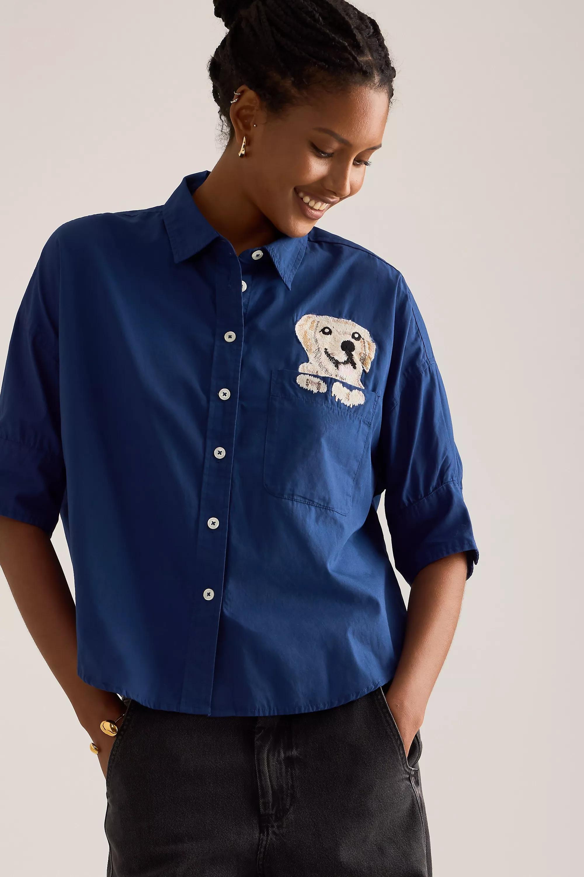 By Maeve Embroidered Pocket Buttondown Shirt, Navy, A501_0041, large image number 1