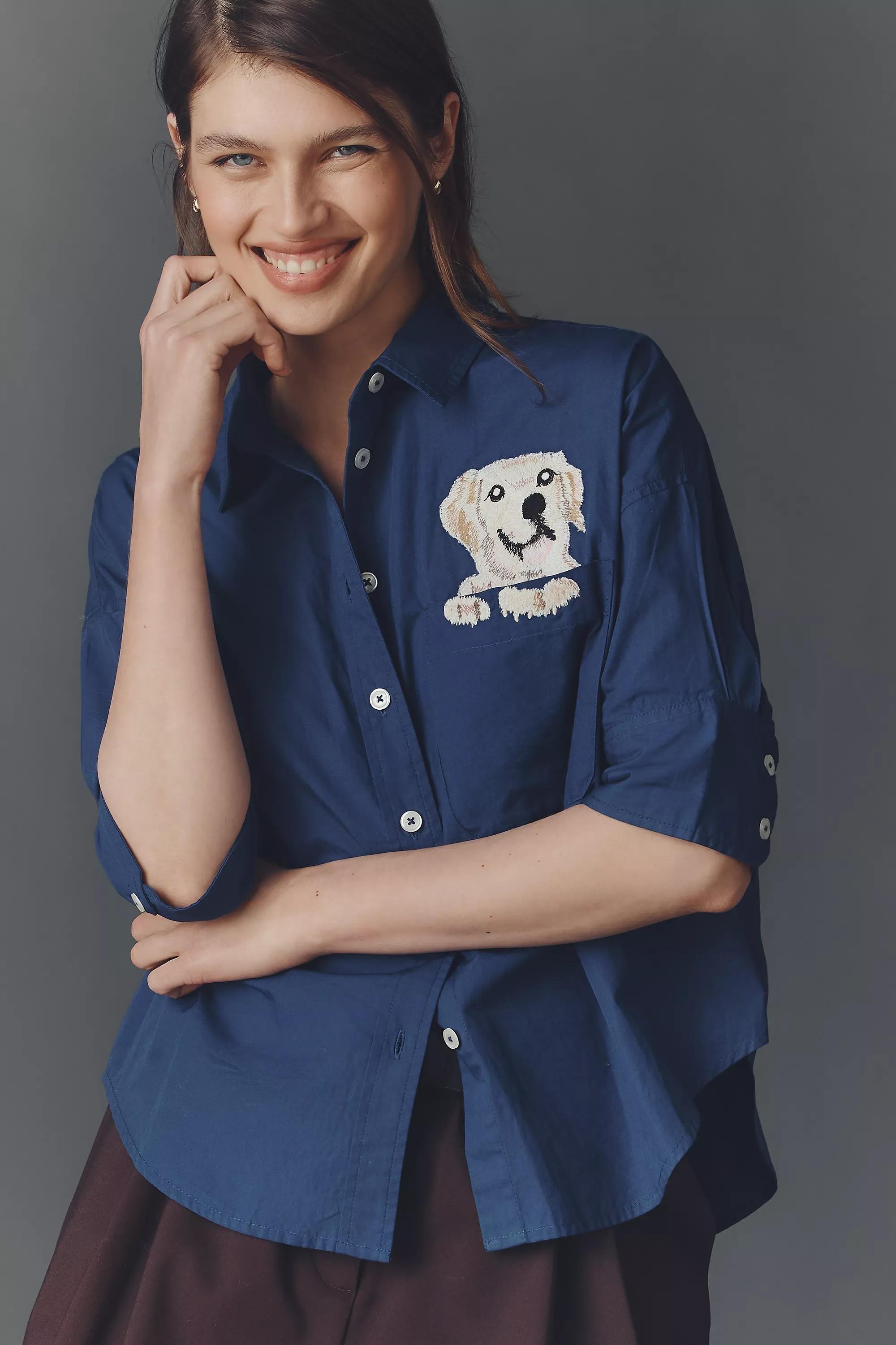 By Maeve Embroidered Pocket Buttondown Shirt, Navy, A501_0041, large image number 5