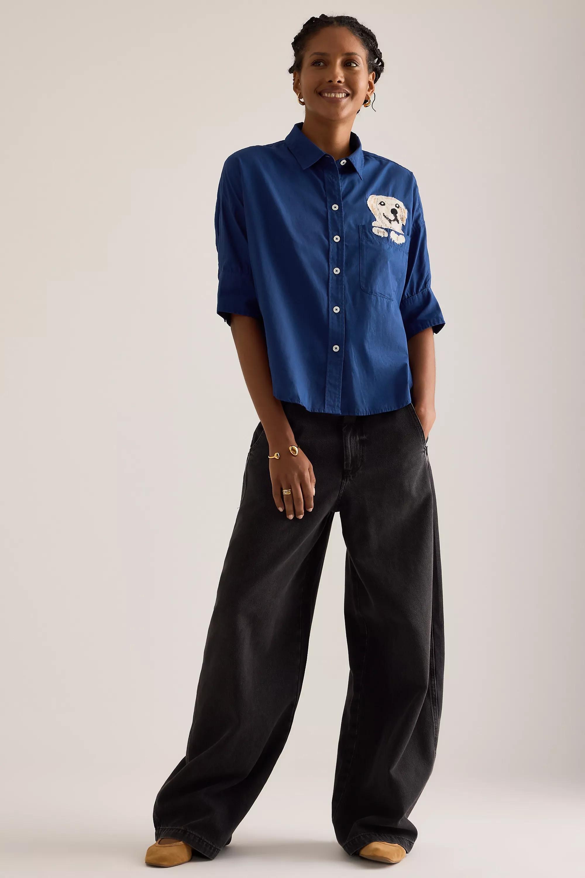 By Maeve Embroidered Pocket Buttondown Shirt, Navy, A501_0041, large image number 7