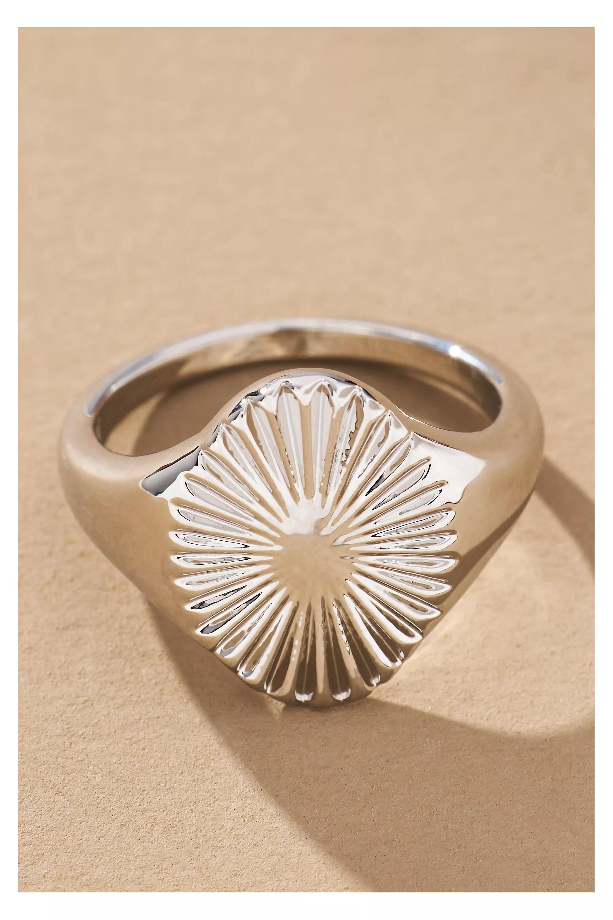 14K Gold-Plated Sunburst Signet Ring, Silver, , large image number 1