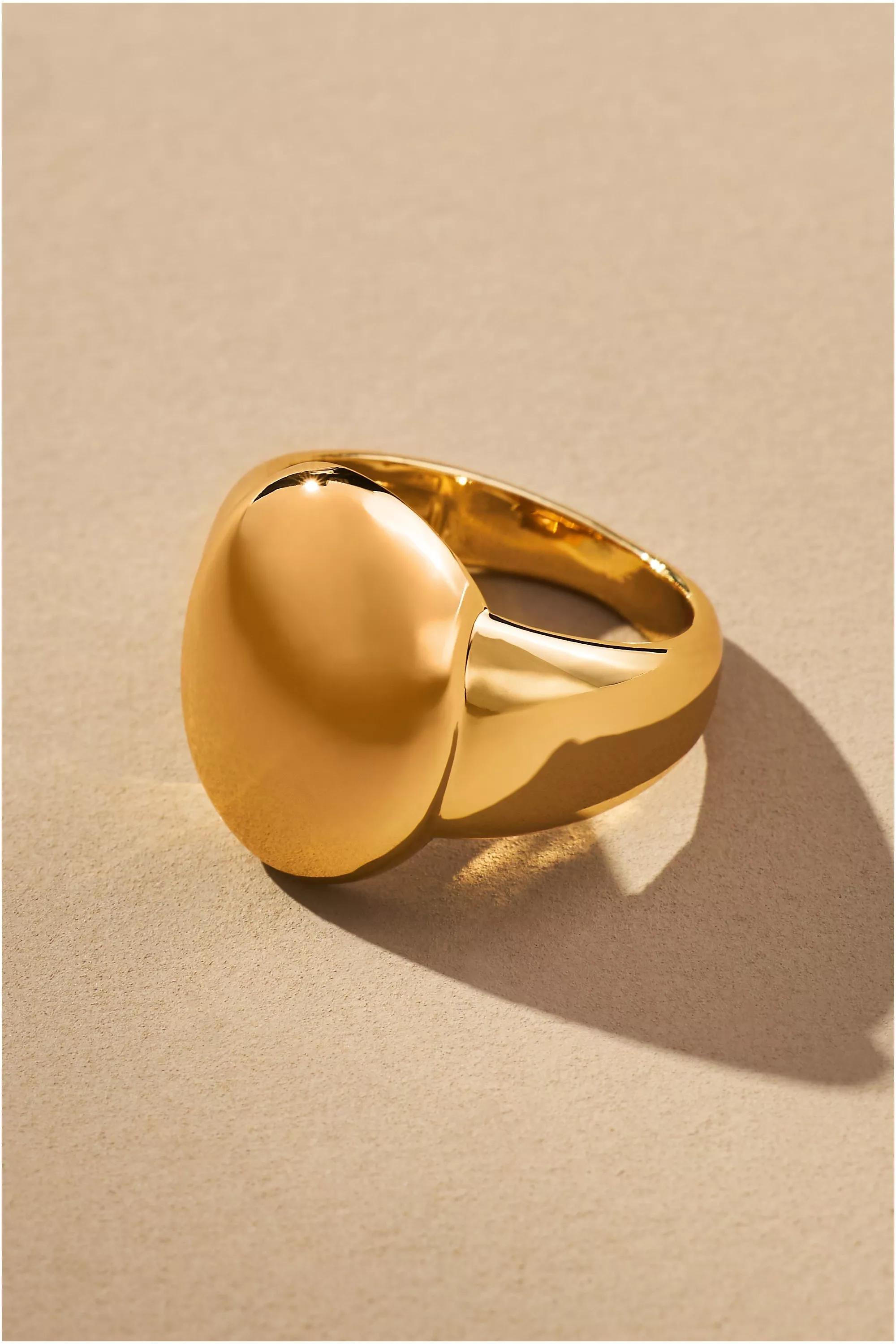 14K Gold-Plated Round Signet Ring, Gold, , large image number 0