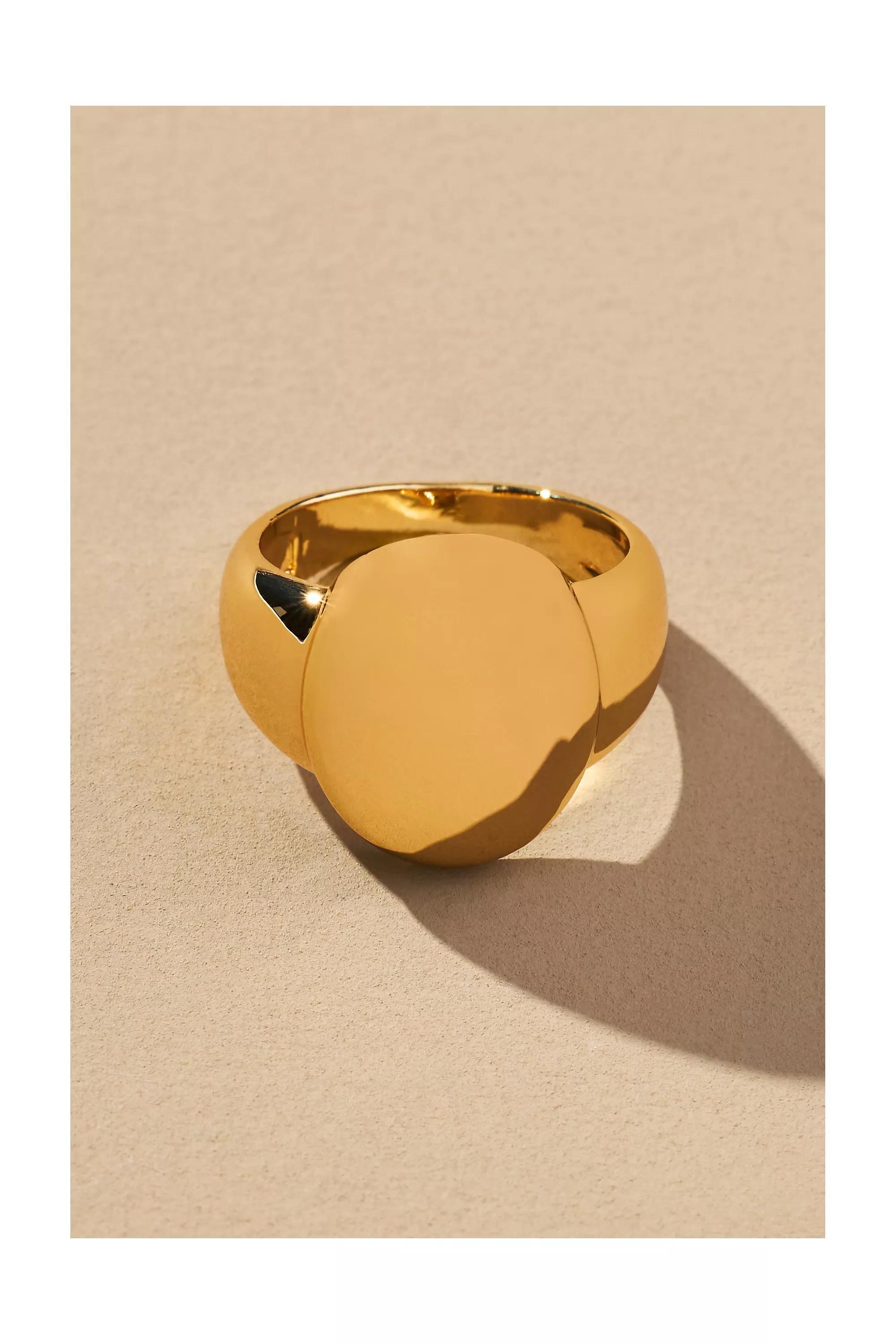 14K Gold-Plated Round Signet Ring, Gold, , large image number 3