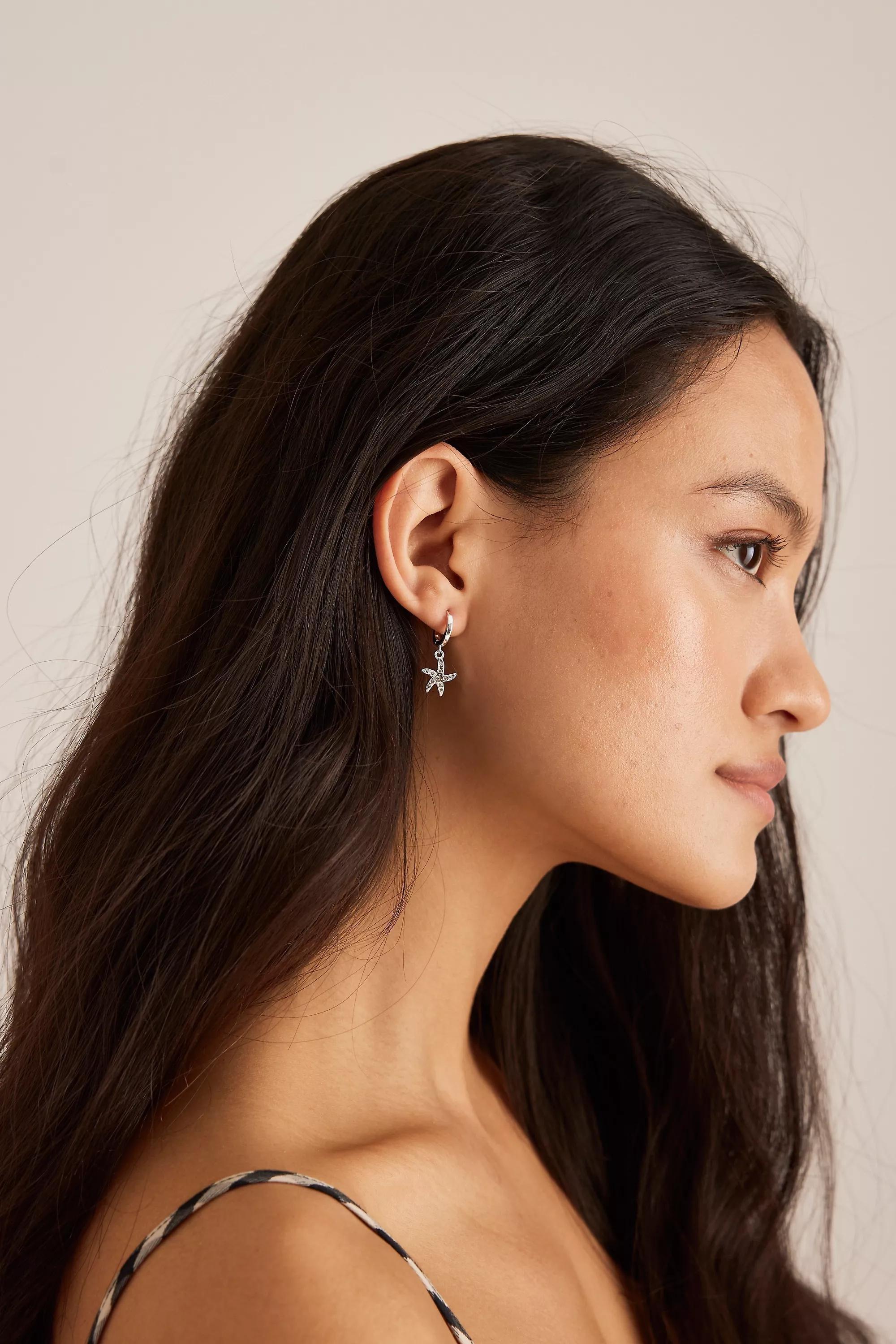 Starfish Huggie Hoop Earrings, Silver, A501_0007, large image number 0