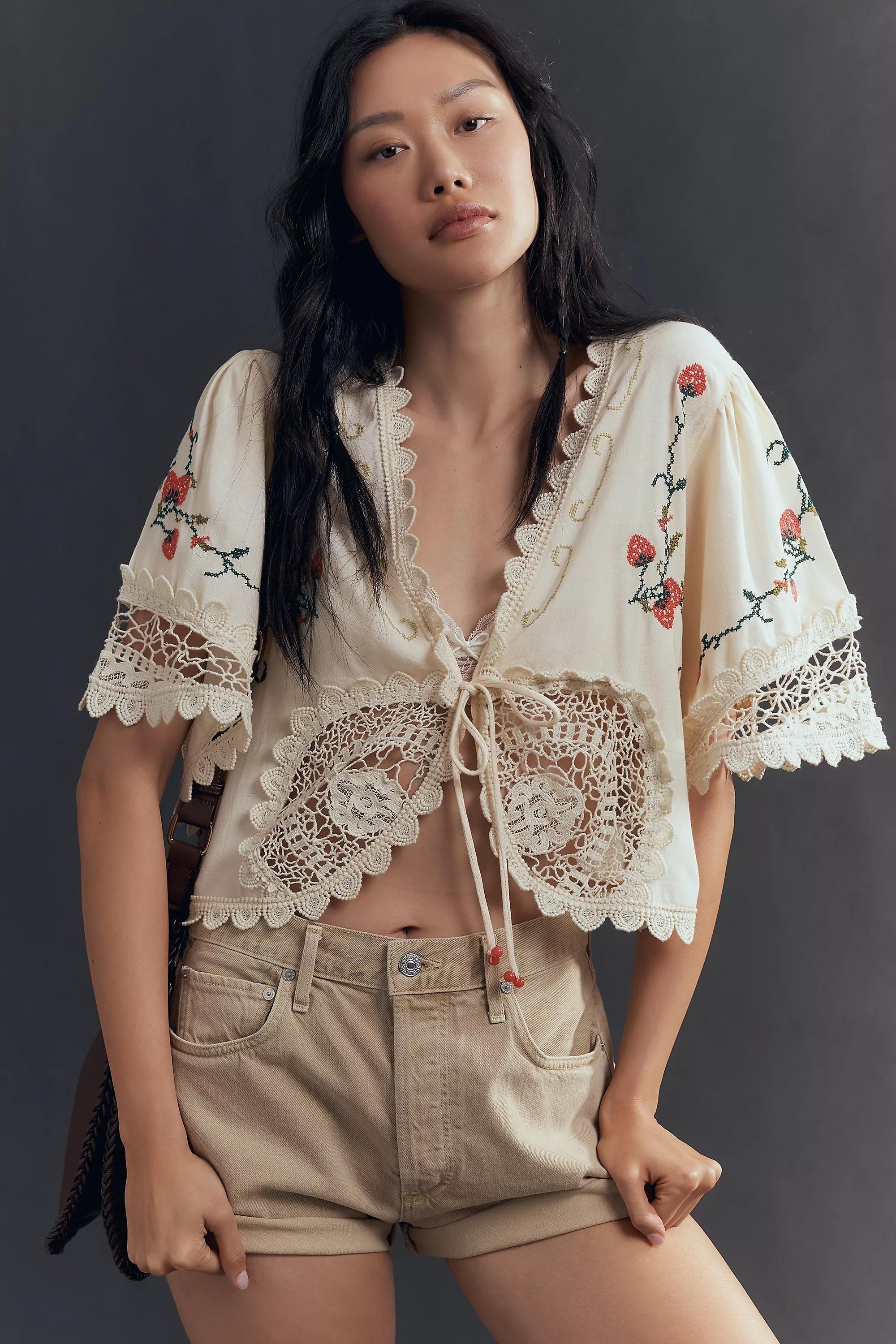 By Anthropologie Tie-Front Embroidered Kimono, Cream, A501_0012, large image number 0