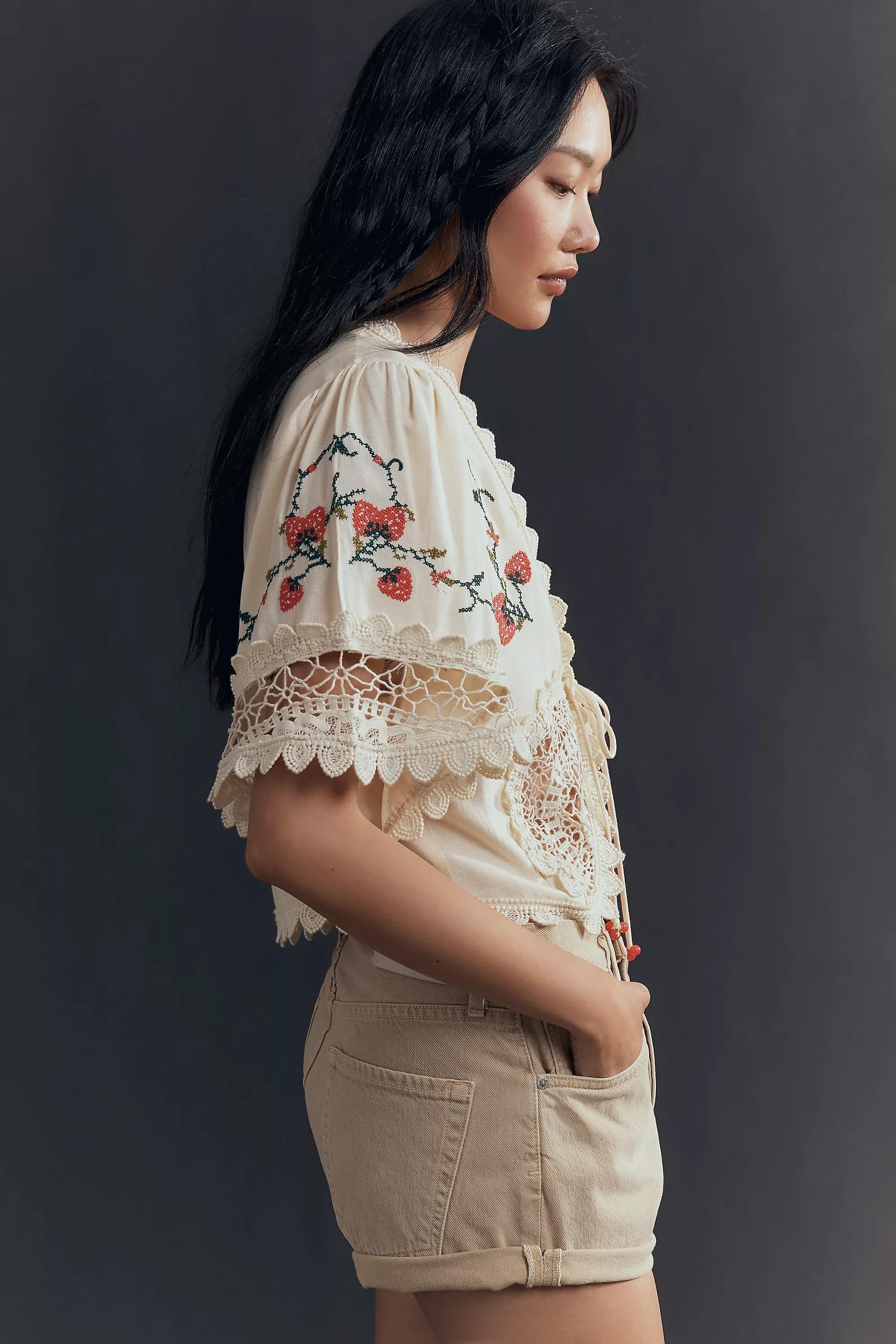 By Anthropologie Tie-Front Embroidered Kimono, Cream, A501_0012, large image number 3
