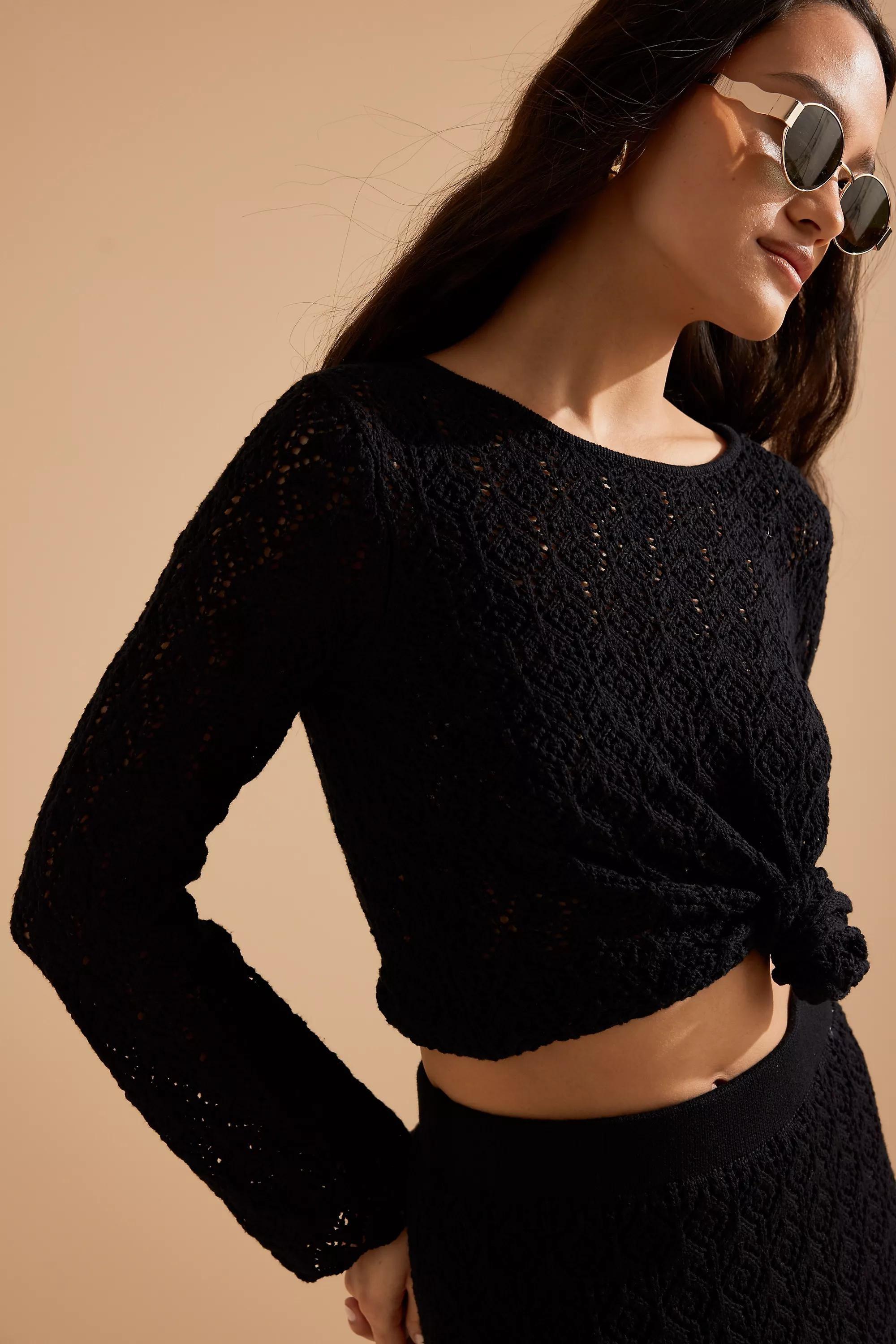 Selected Femme Niva Long-Sleeve Crochet Top, Black, , large image number 0