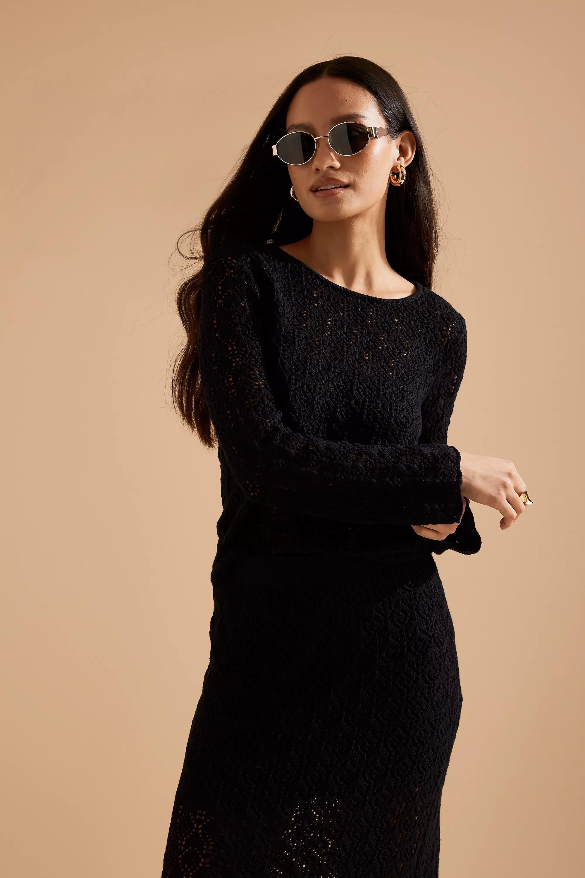 Selected Femme Niva Long-Sleeve Crochet Top, Black, , large image number 2