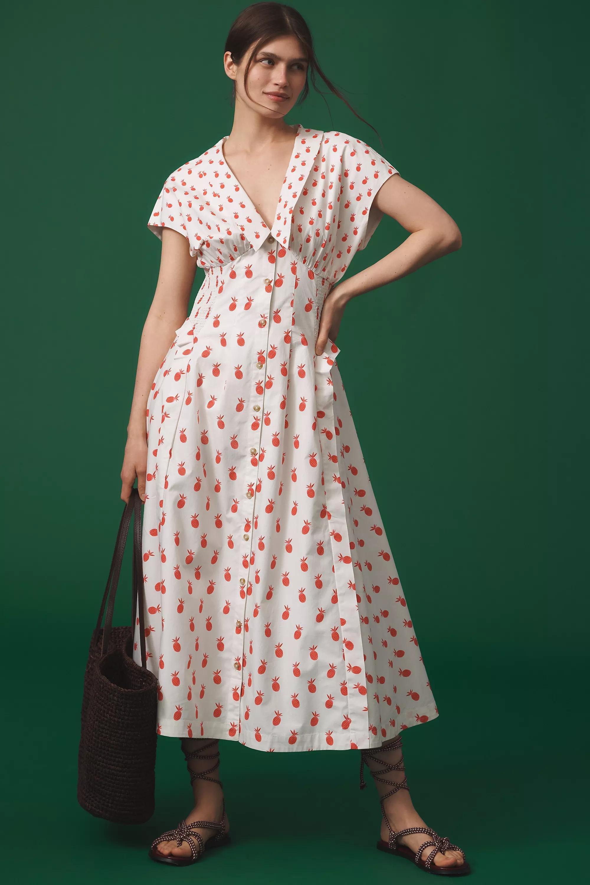 RED PATTERN By Anthropologie Short-Sleeve V-Neck Pleated Midi Dress, , large image number 0