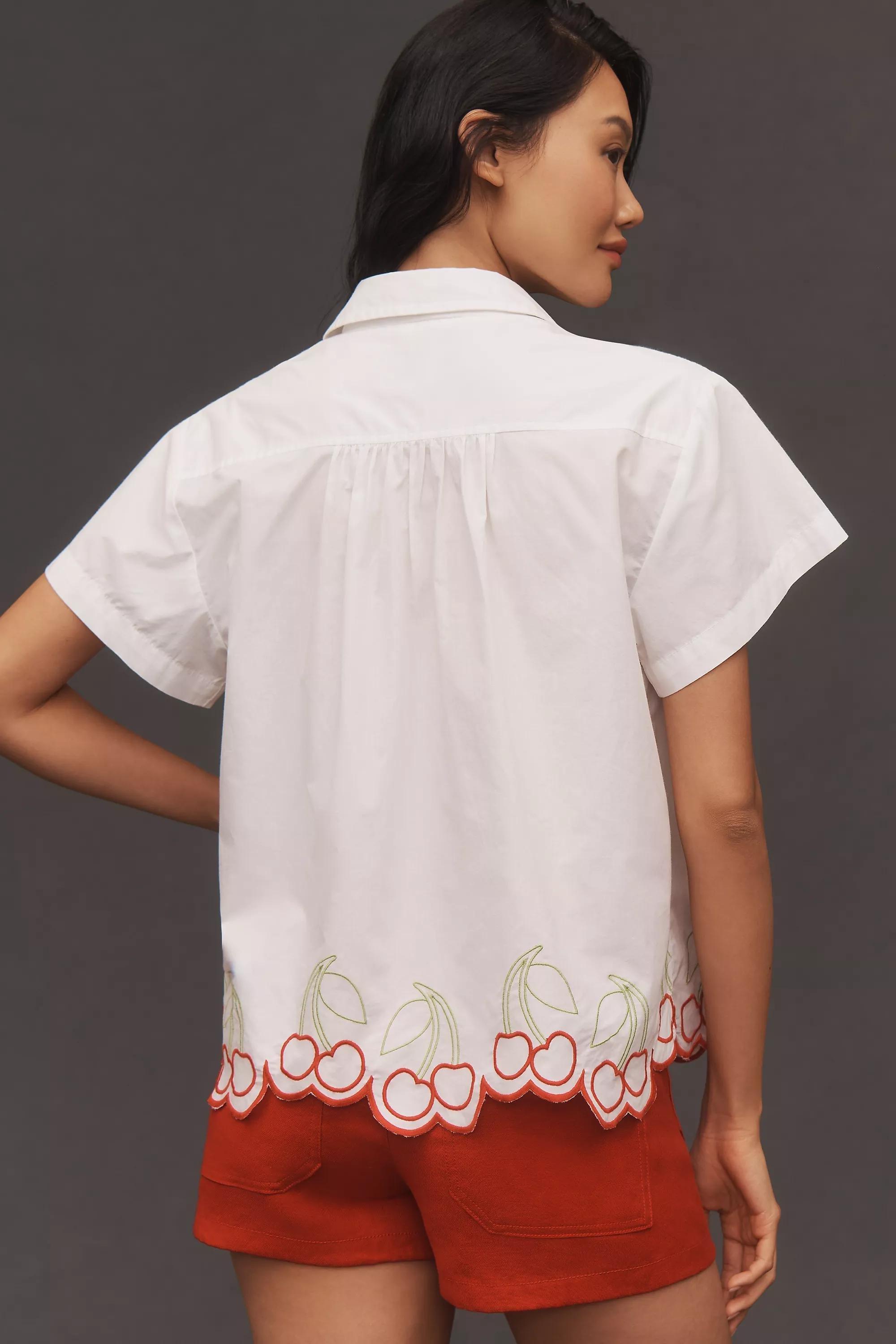 Anthropologie Embroidered Button Down Shirt, Cherry, , large image number 1
