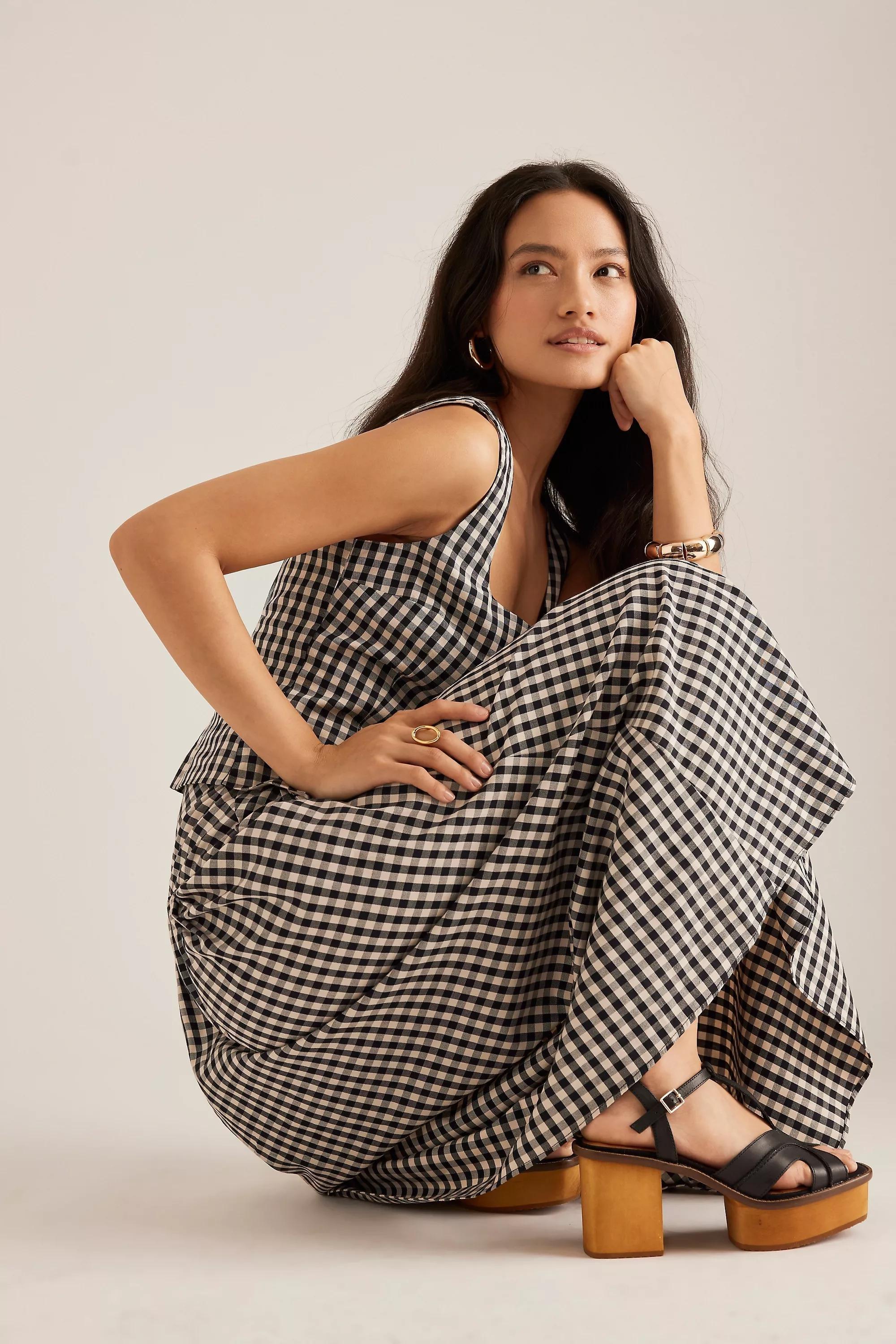 By Anthropologie Gingham Drop-Waist Midi Skirt, Black, , large image number 0