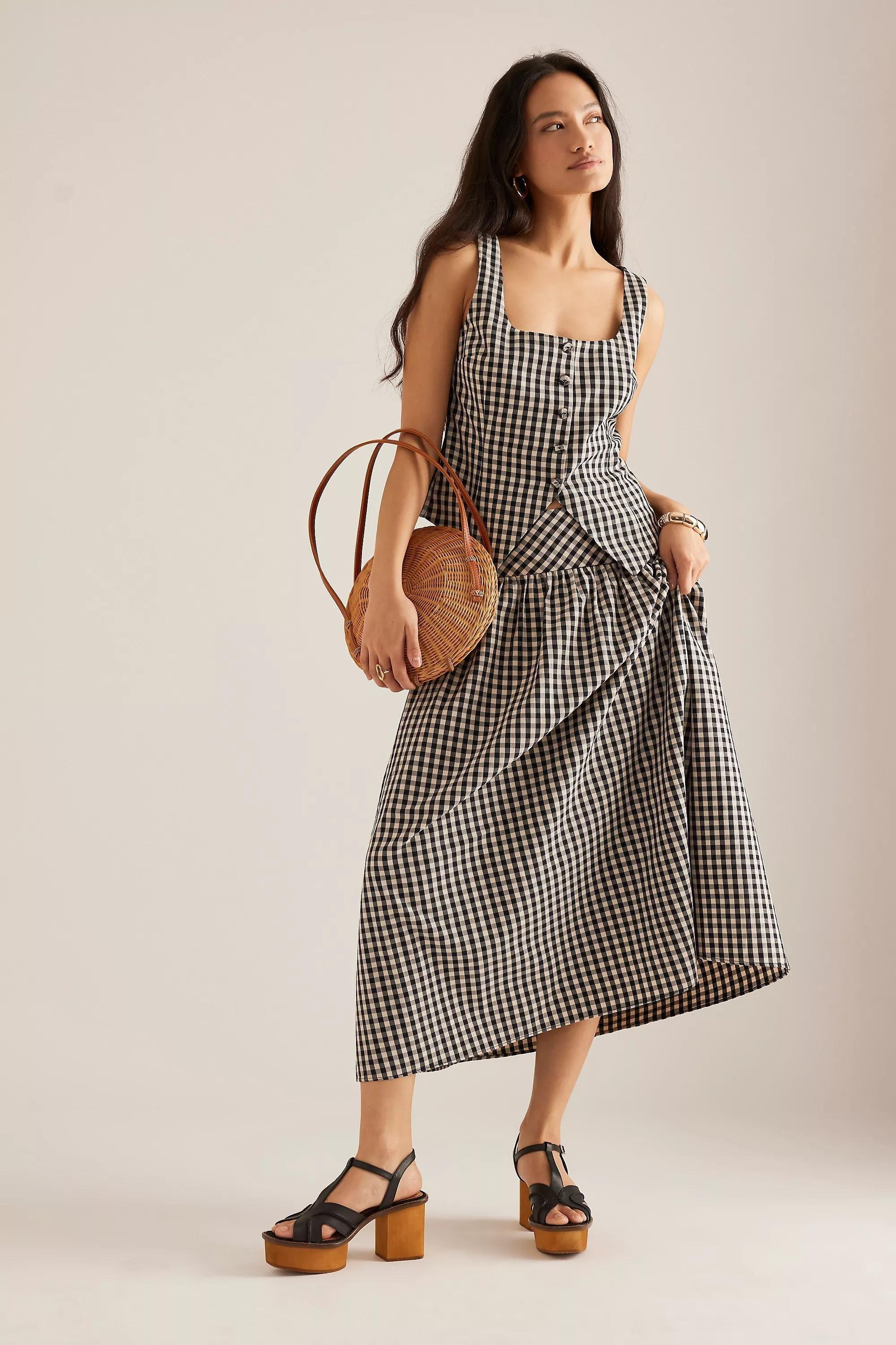 By Anthropologie Gingham Drop-Waist Midi Skirt, Black, , large image number 1