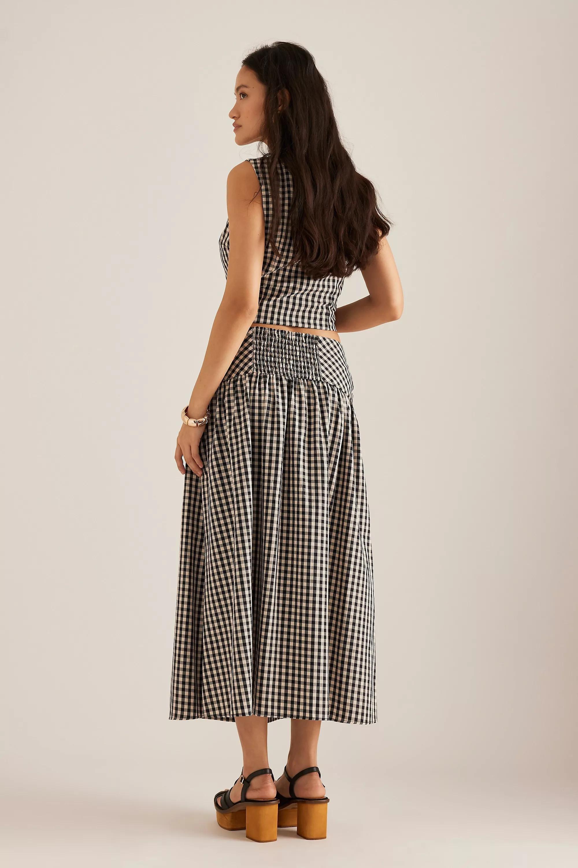 By Anthropologie Gingham Drop-Waist Midi Skirt, Black, , large image number 3