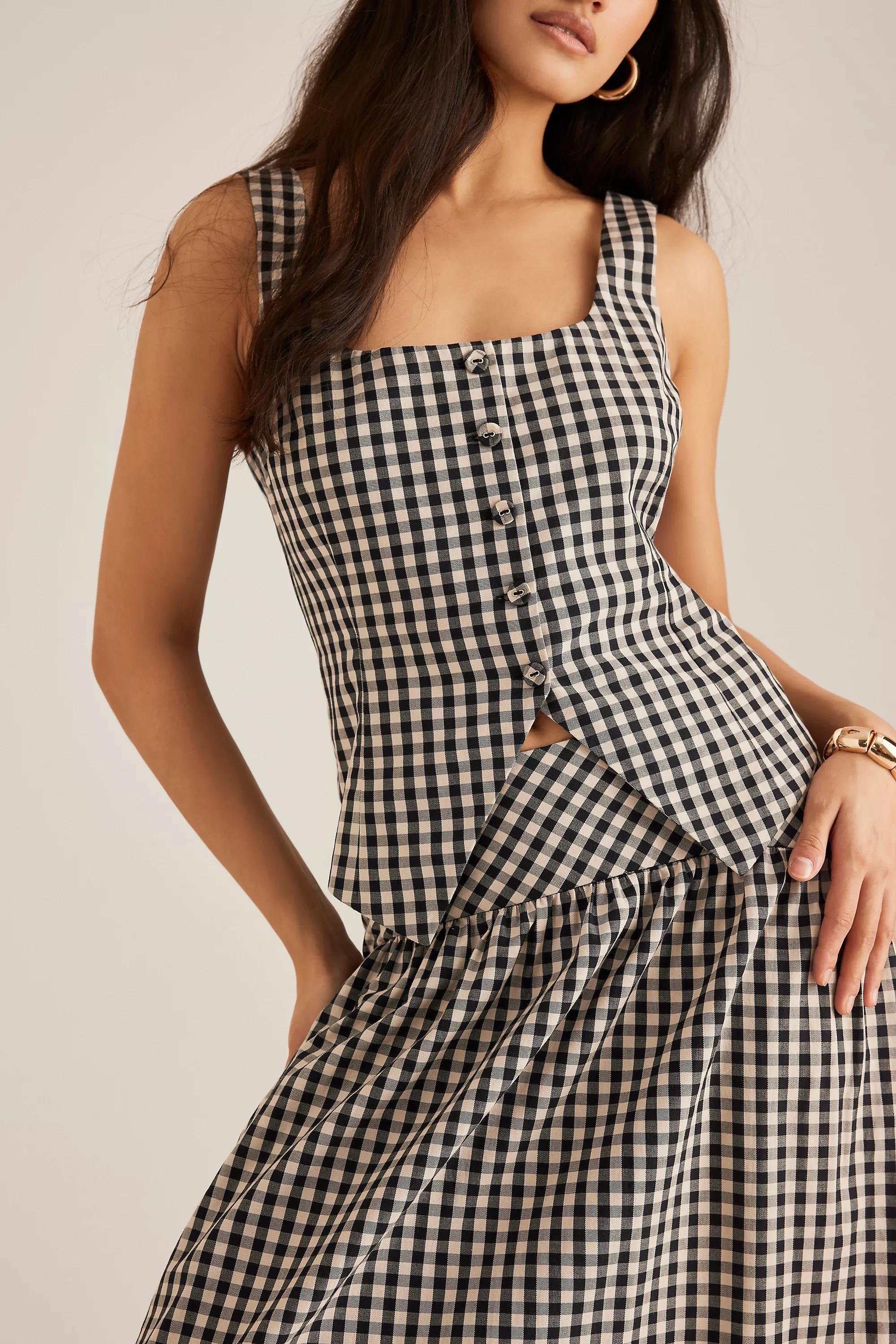 By Anthropologie Gingham Drop-Waist Midi Skirt, Black, , large image number 4