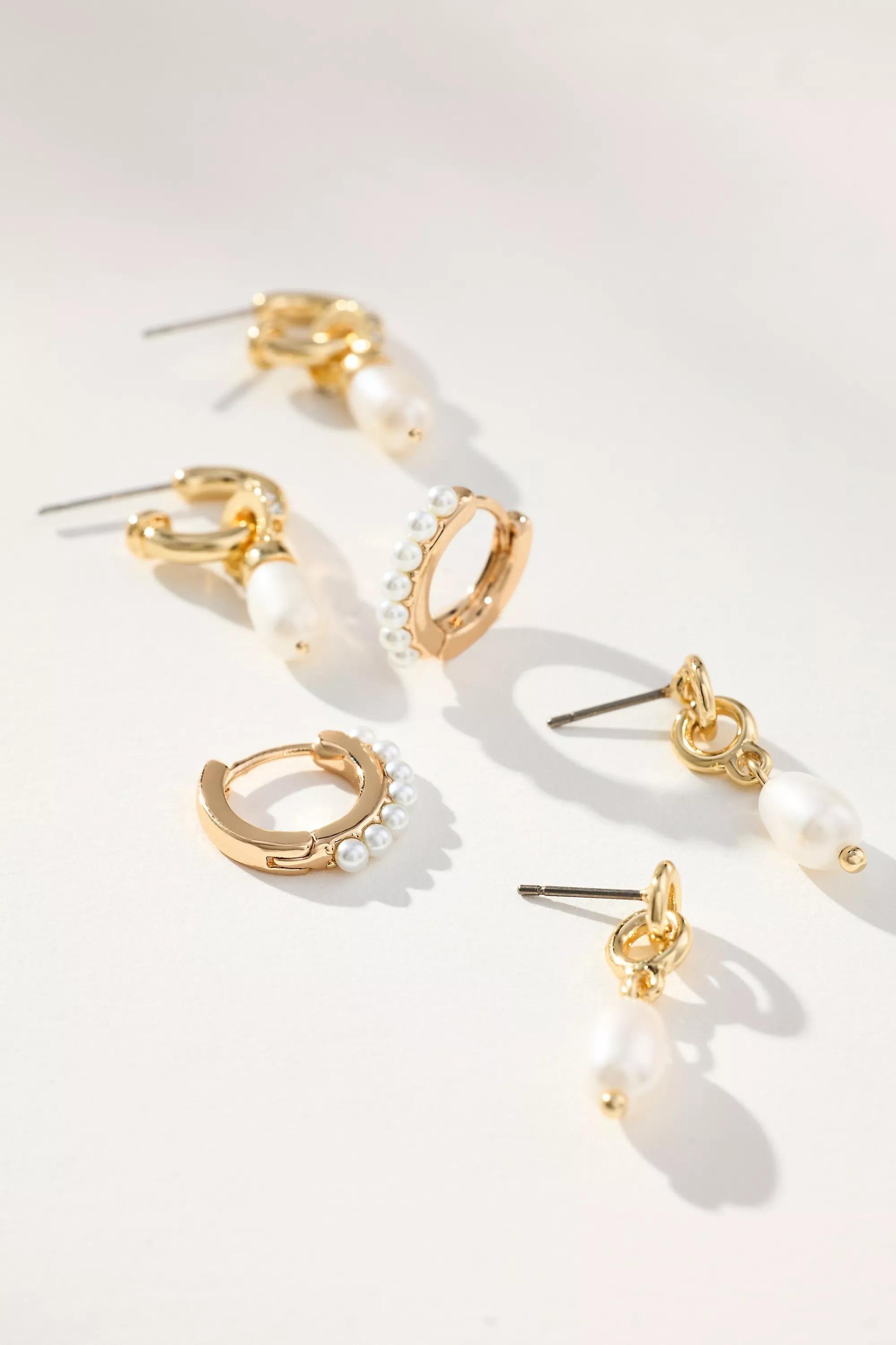 Pearl Huggie Earrings, Set Of 3, Gold, A501_0070, large image number 0