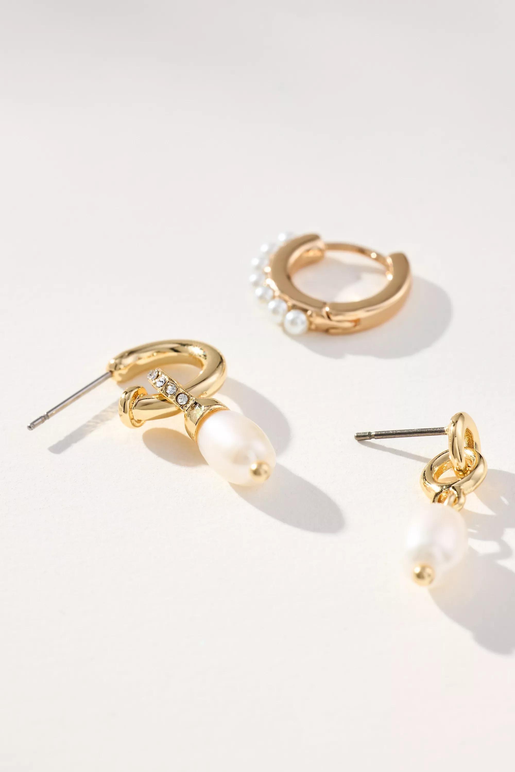 Pearl Huggie Earrings, Set Of 3, Gold, A501_0070, large image number 1