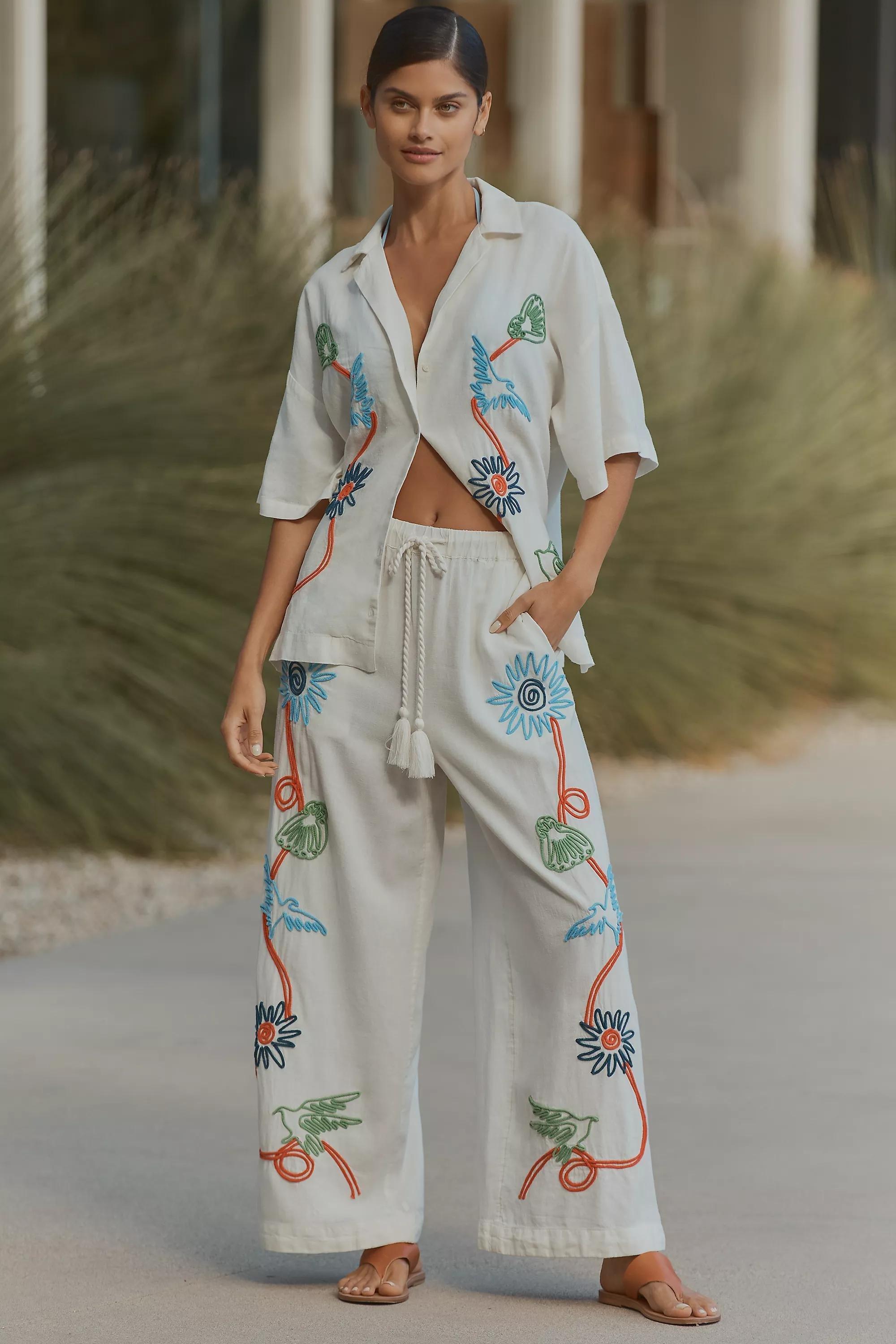 White Celandine Embroidered Linen Blend Wide-Leg Pants, , medium