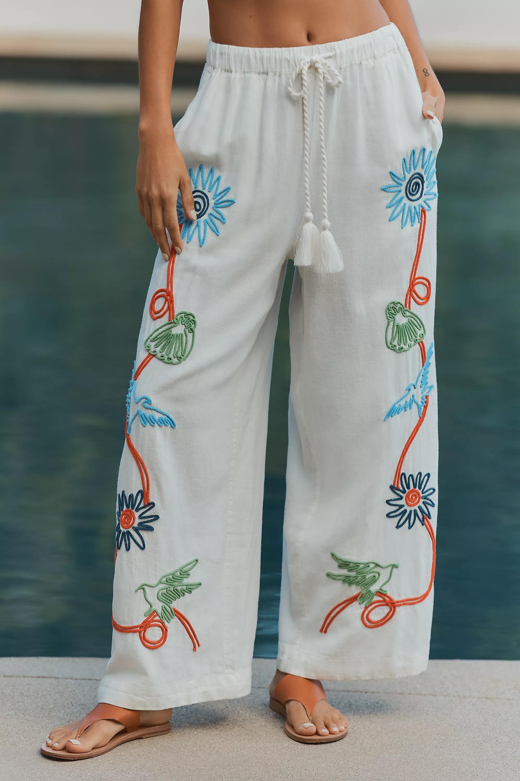 White Celandine Embroidered Linen Blend Wide-Leg Pants, , large image number 1