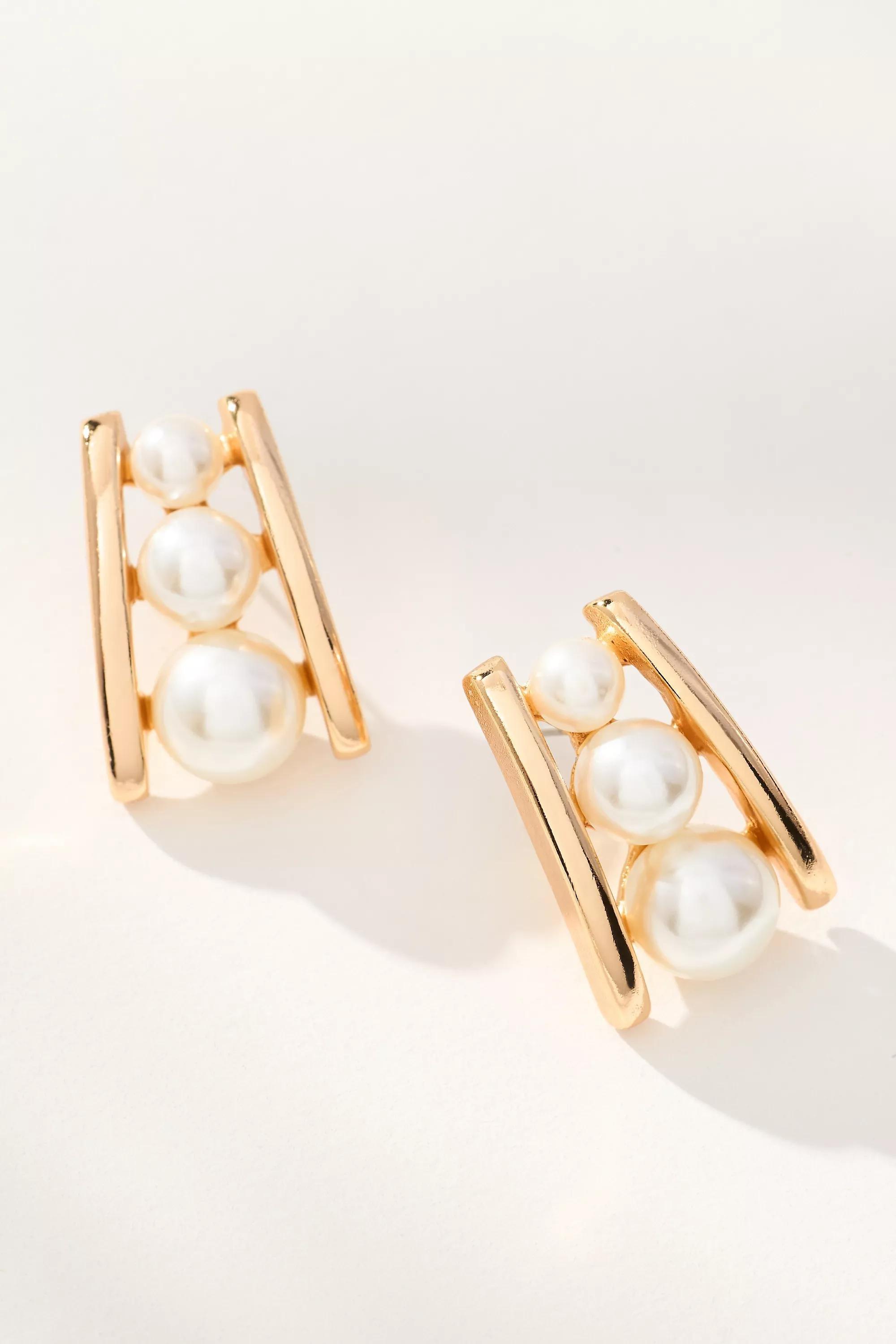 Pearl Ladder Post Earrings, Cream, A501_0017, large image number 1