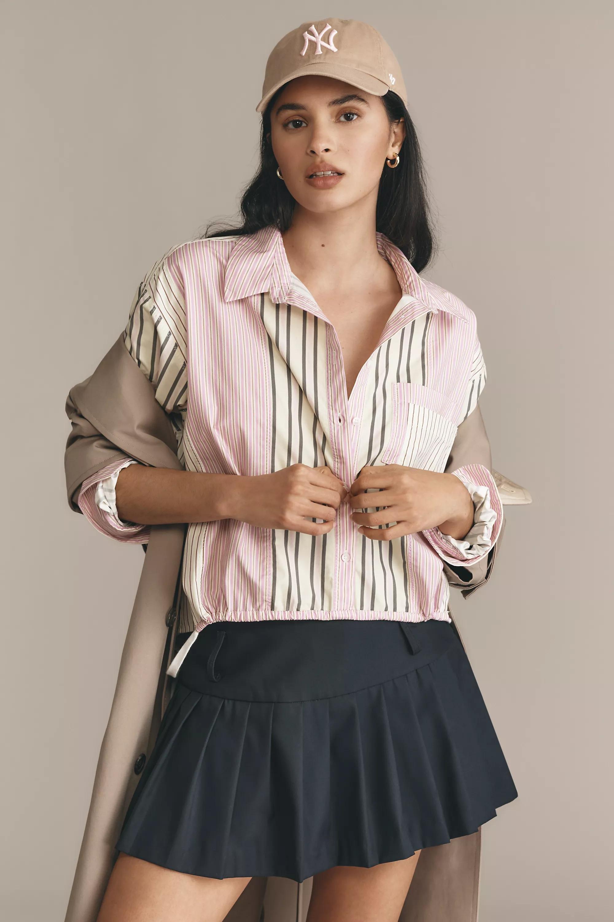 By Anthropologie Drawstring Button-Down Top, Purple, , large image number 0