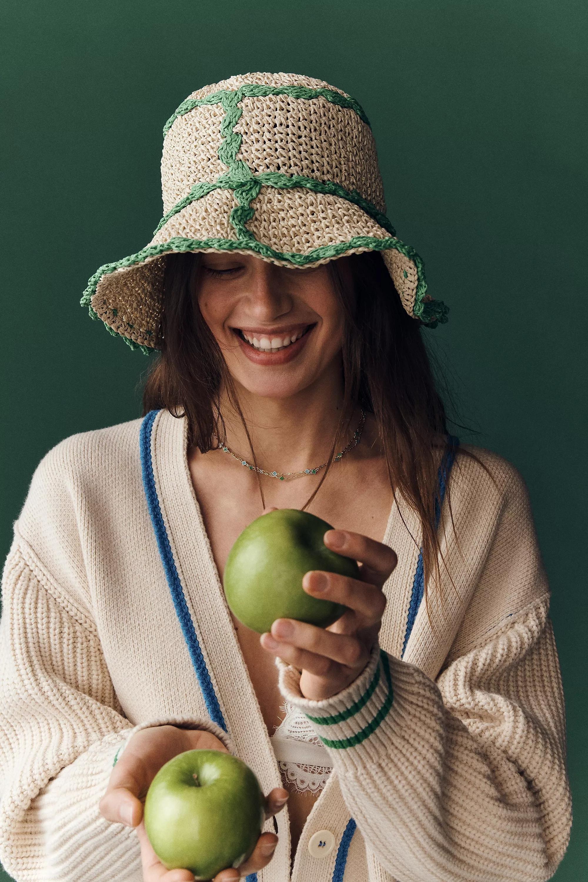 By Anthropologie Straw Piped Bucket Hat, Green, , medium