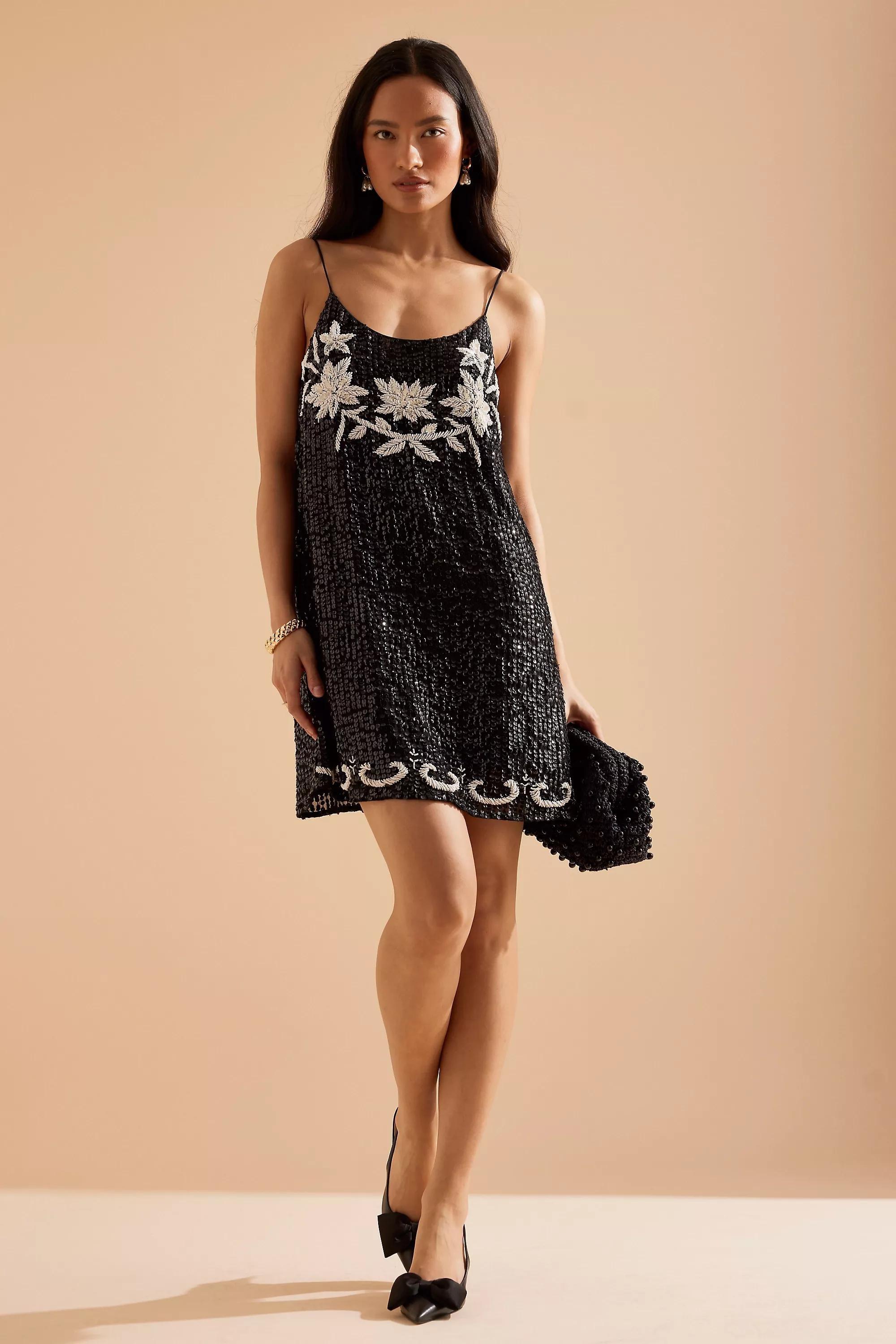 By Anthropologie Beaded Mini Dress, Black, , large image number 0
