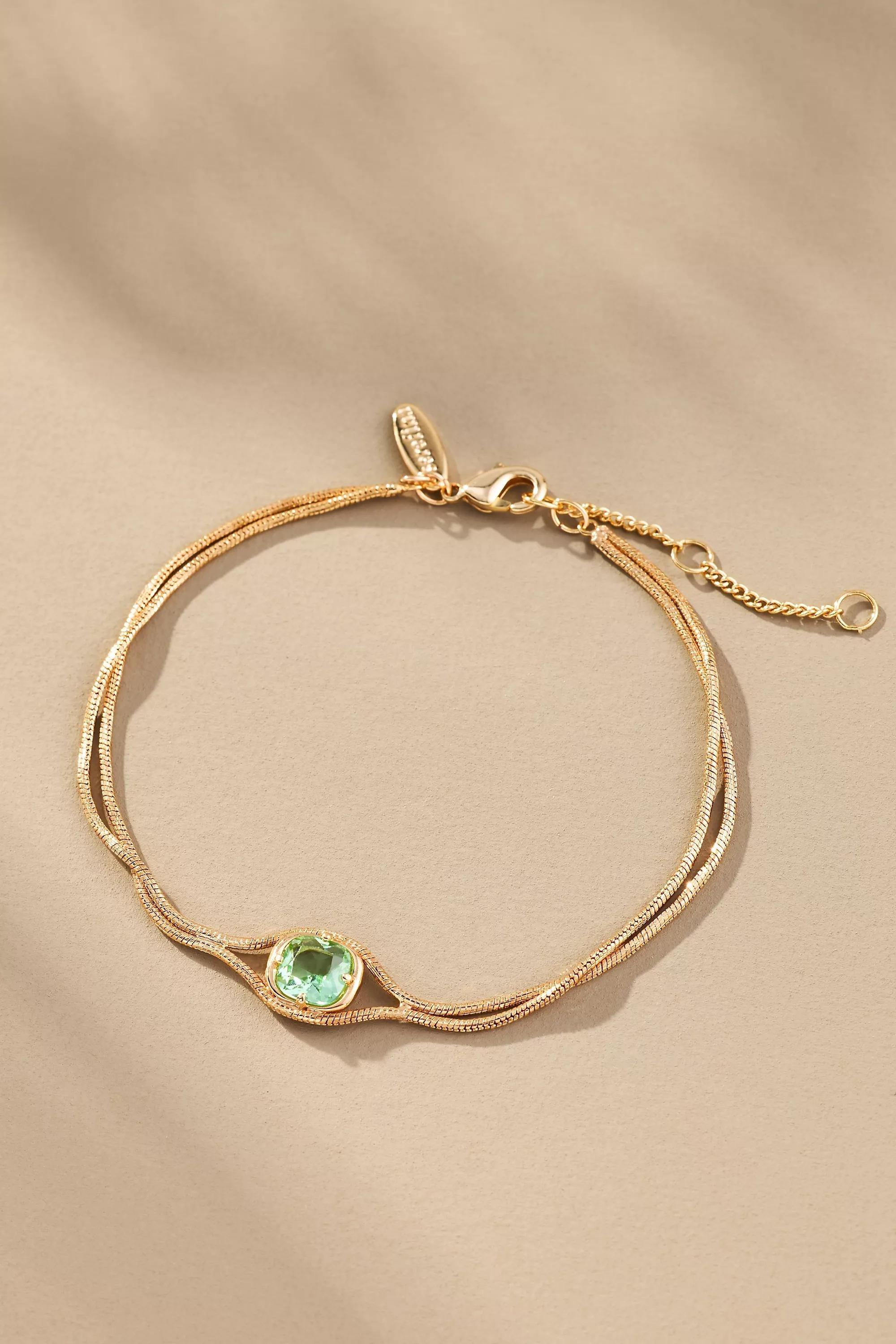 14K Gold-Plated Dainty Stone Bracelet, Green, A501_0102, large image number 1