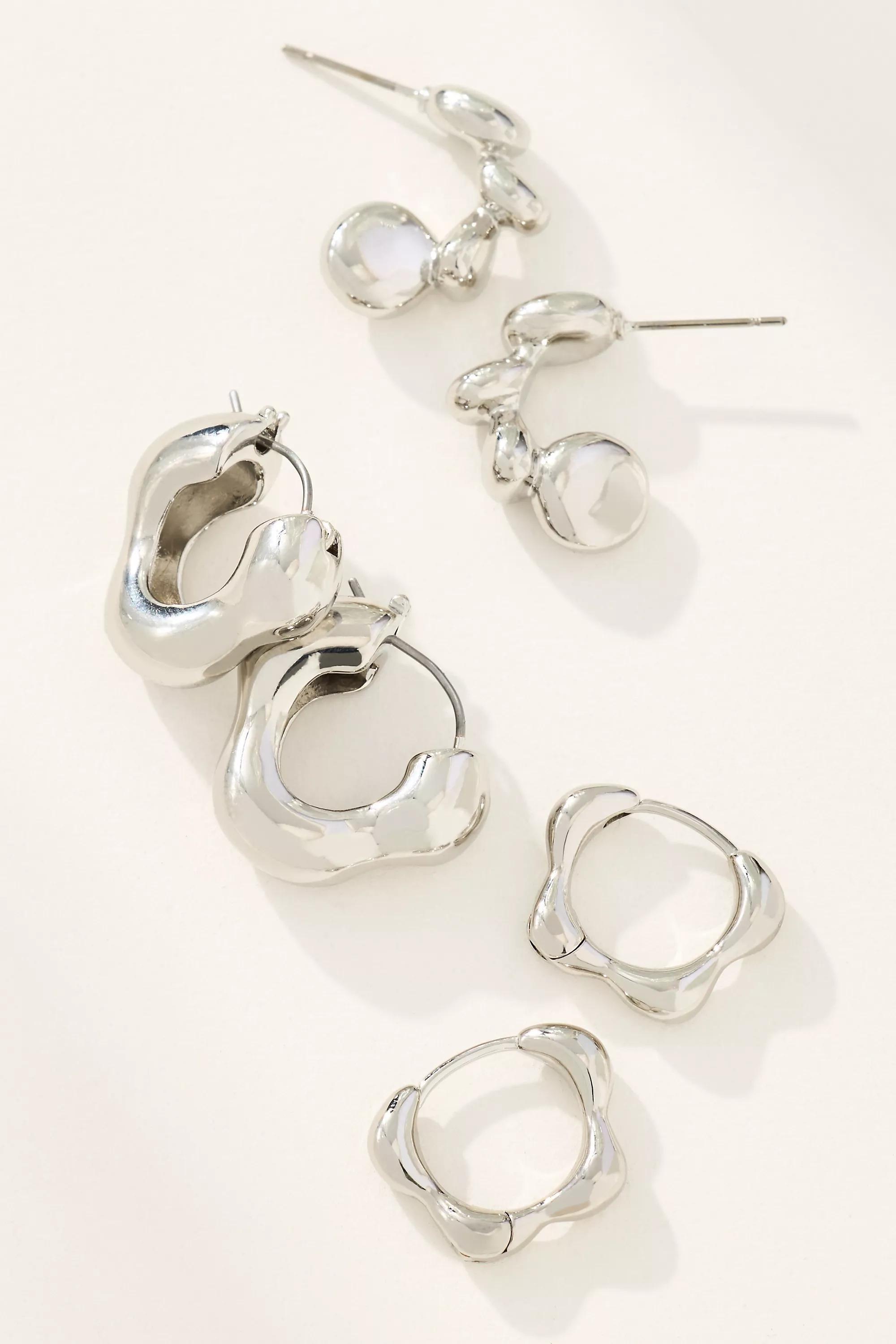 Wavy Huggie Hoop Earrings, Set Of 3, Silver, A501_0007, large image number 0
