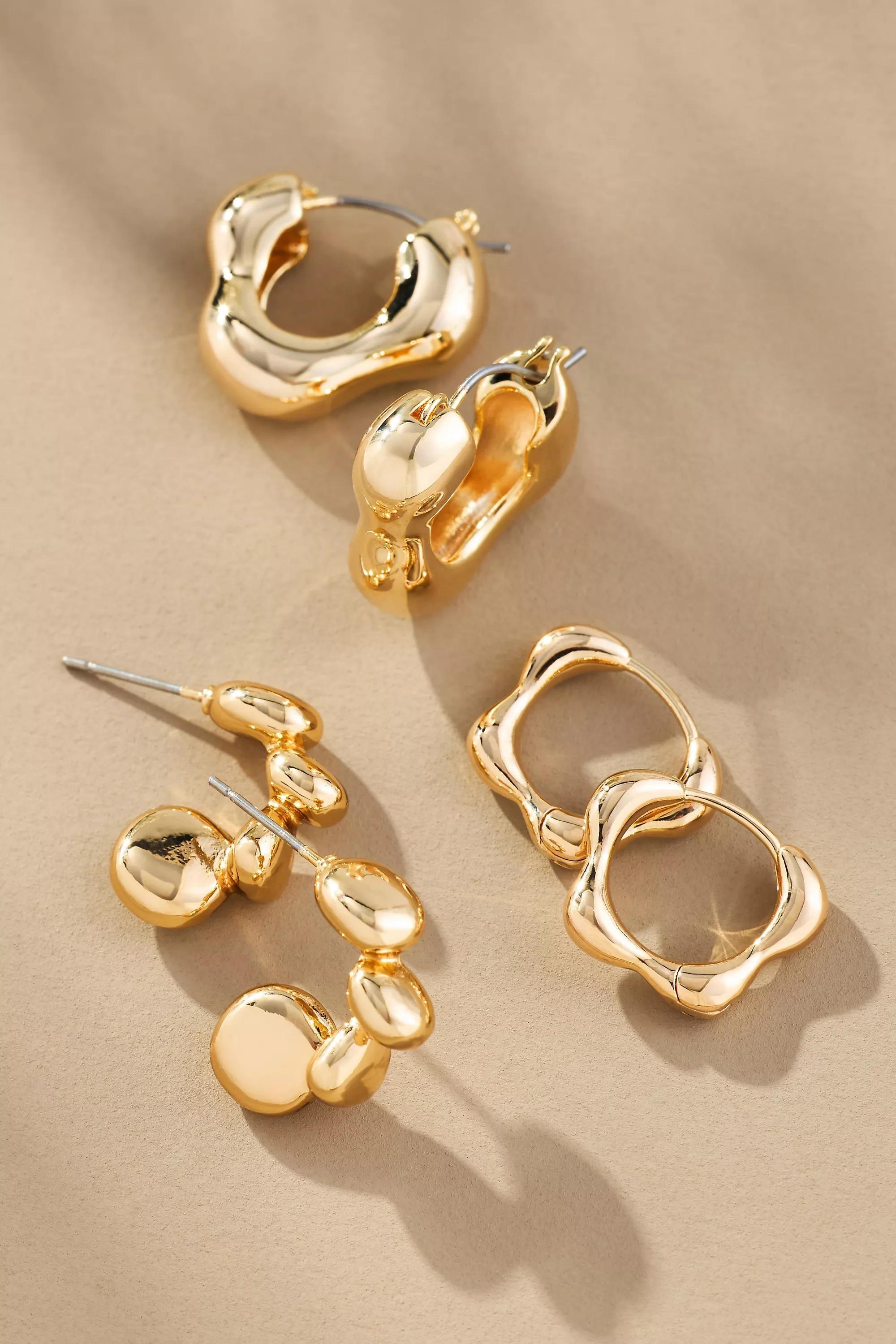 Wavy Huggie Hoop Earrings, Set Of 3, Gold, A501_0070, large image number 0