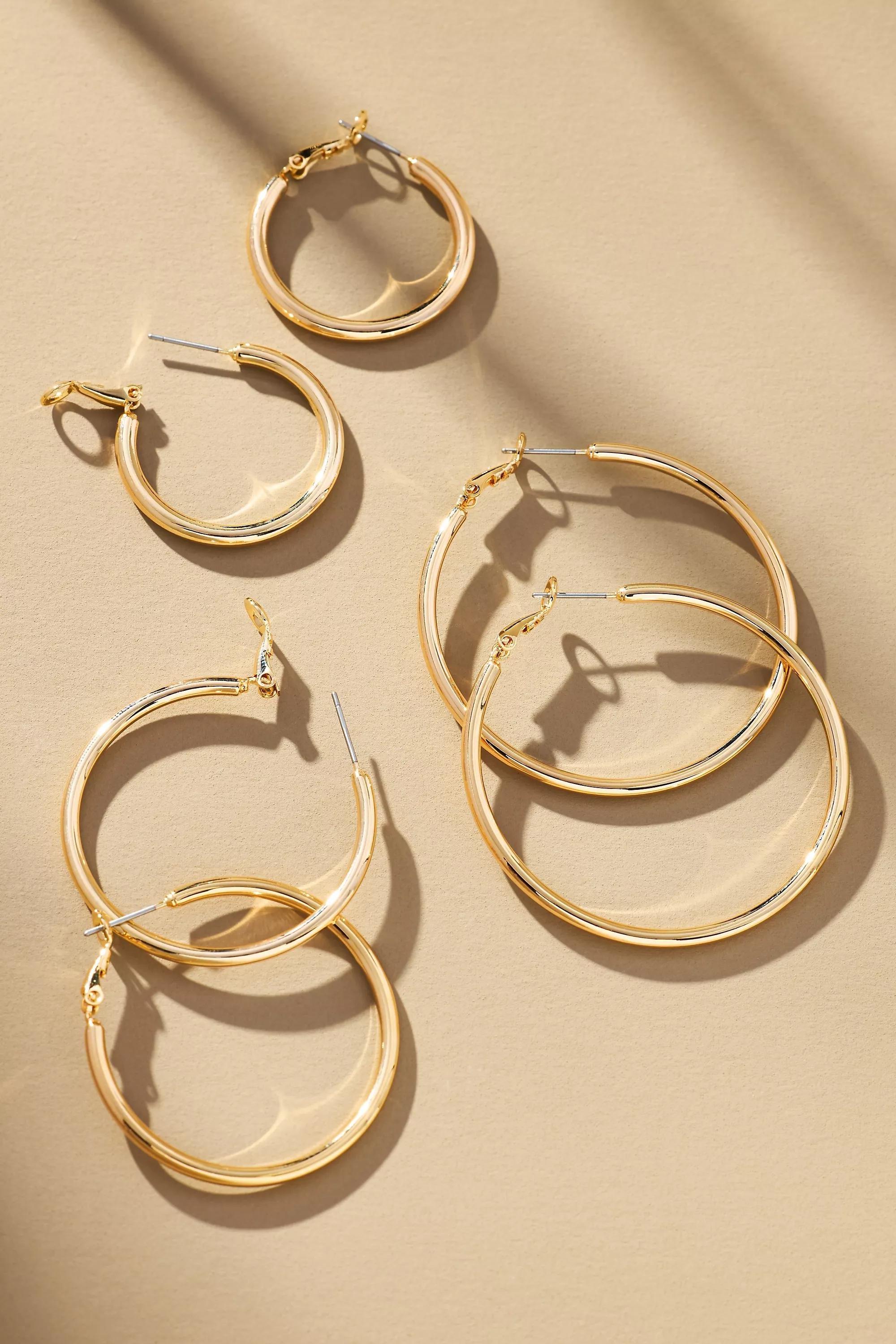 14K Gold-Plated Classic Hoop Earrings, Set Of 3, Gold, A501_0070, large image number 0