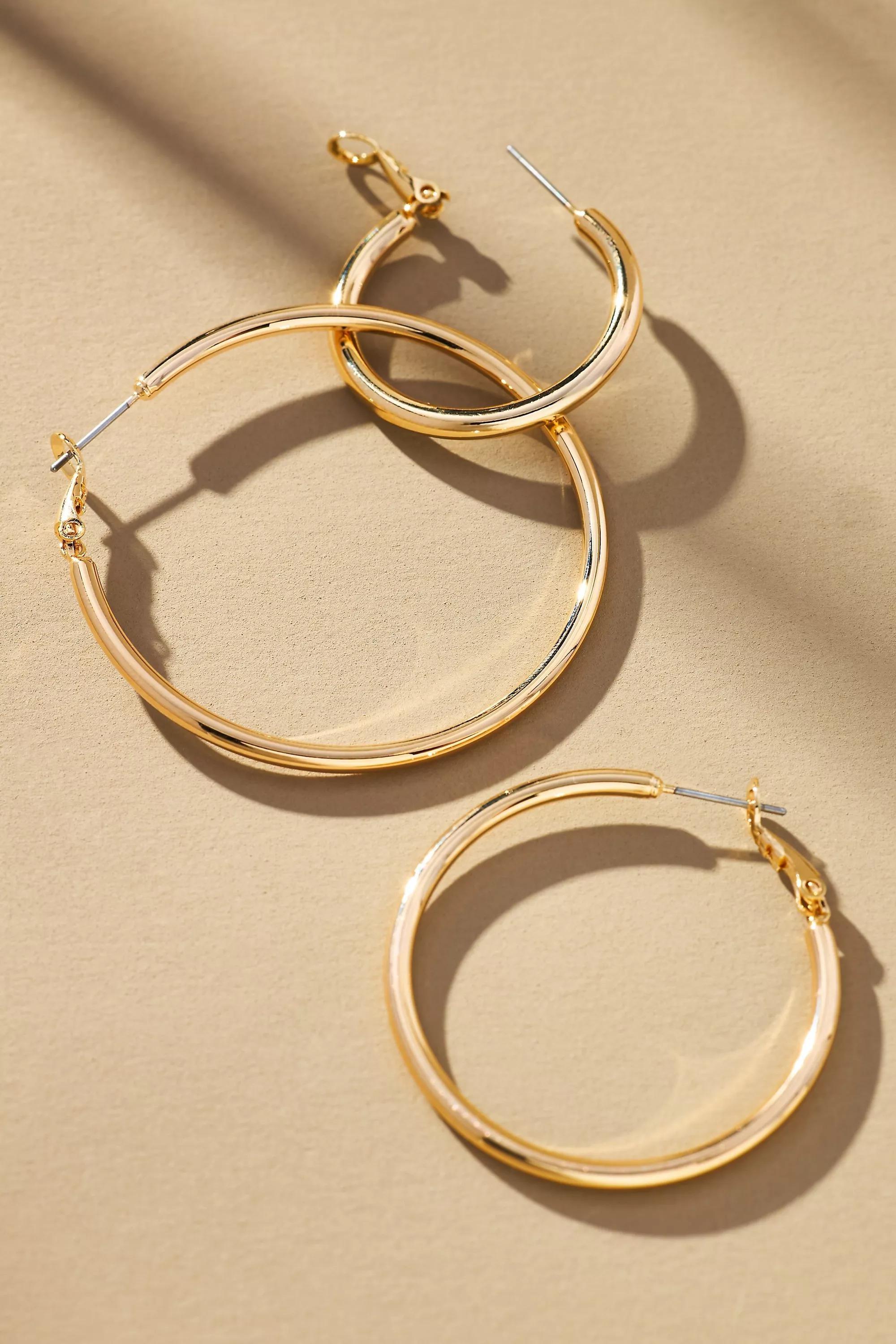 14K Gold-Plated Classic Hoop Earrings, Set Of 3, Gold, A501_0070, large image number 3