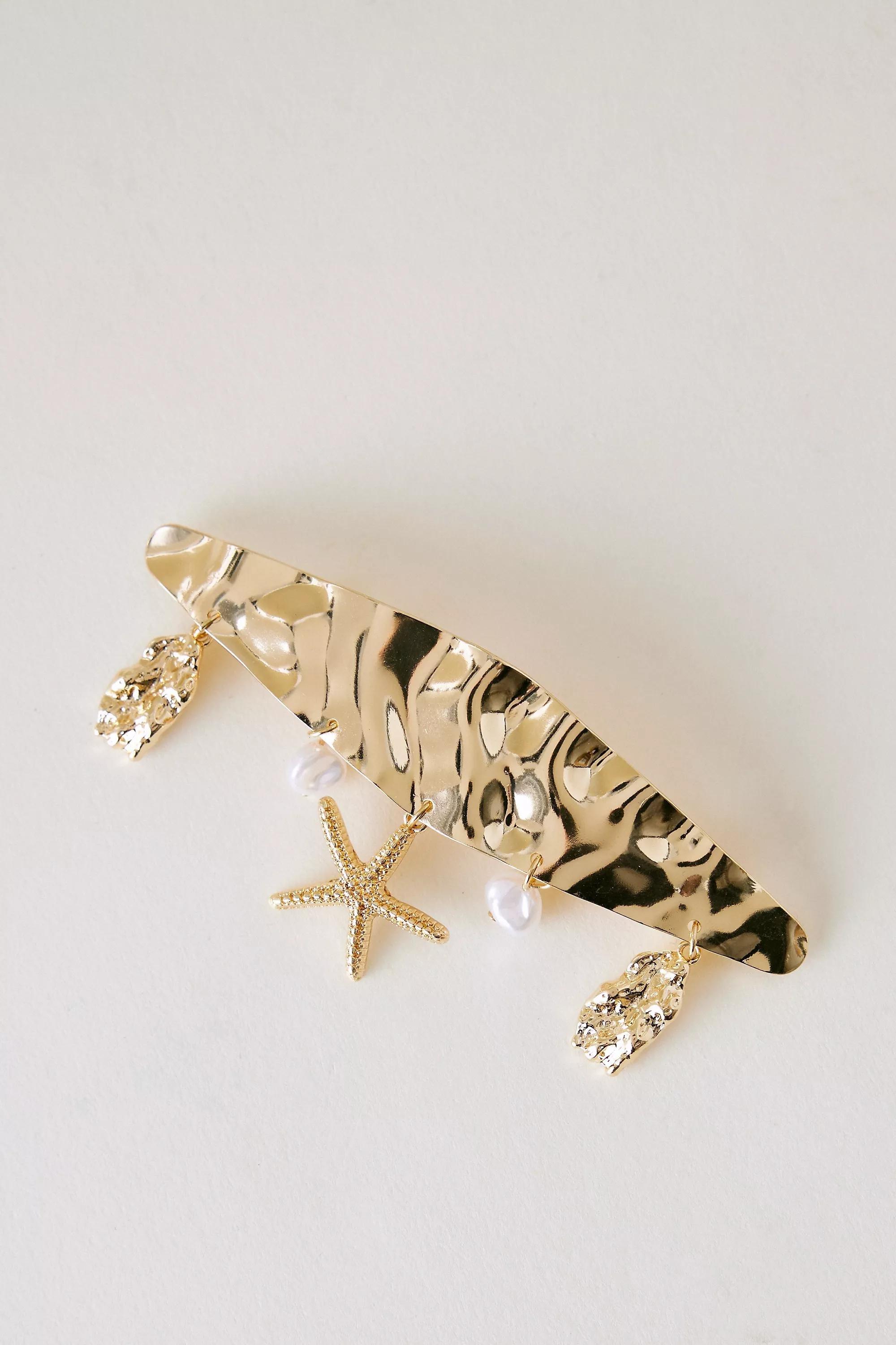 Shell Charm Barrette Hair Clip, Gold, A501_0070, medium