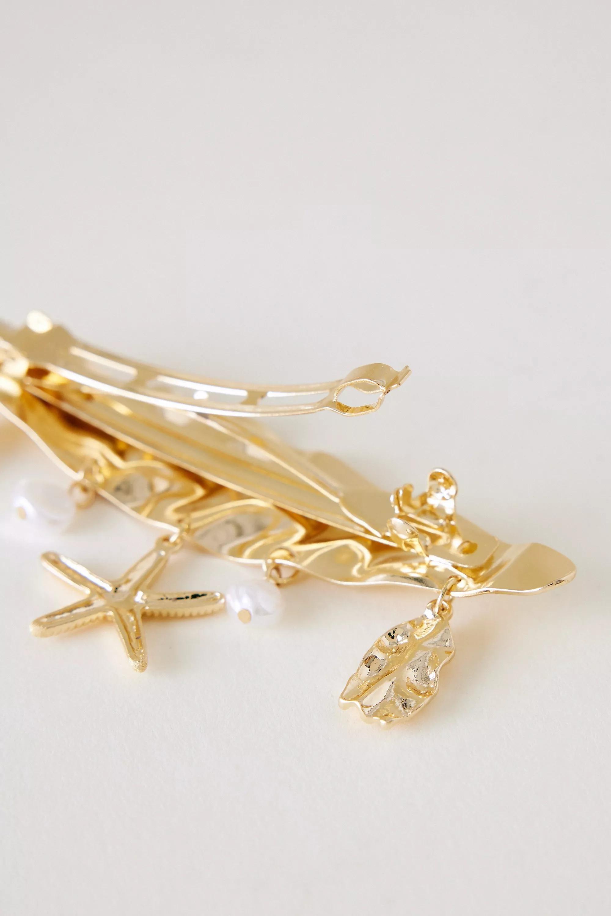 Shell Charm Barrette Hair Clip, Gold, A501_0070, large image number 1
