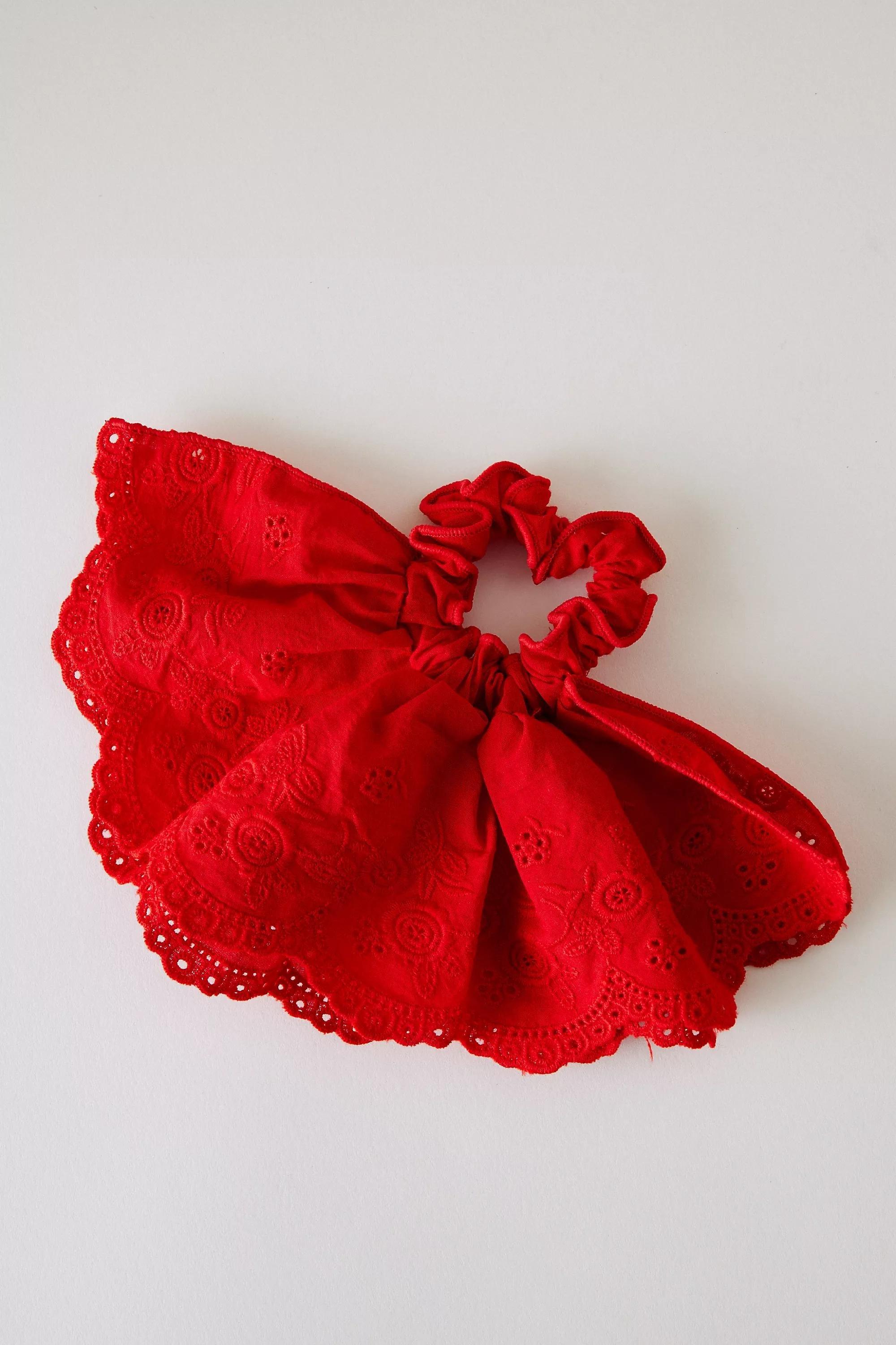Broderie Fan Hair Scrunchie, Red, , medium