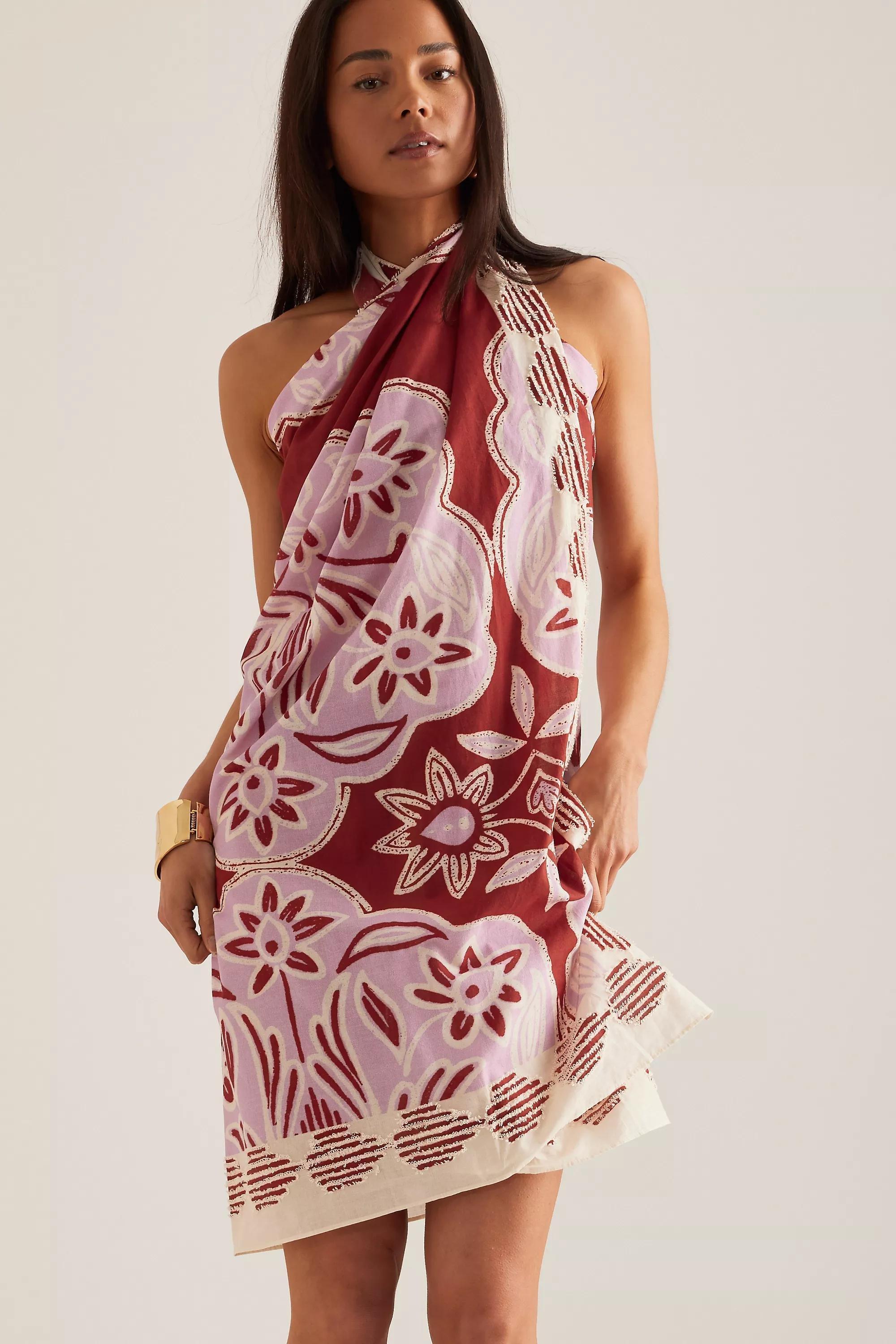 Red Celandine Printed Embroidered Sarong, , medium