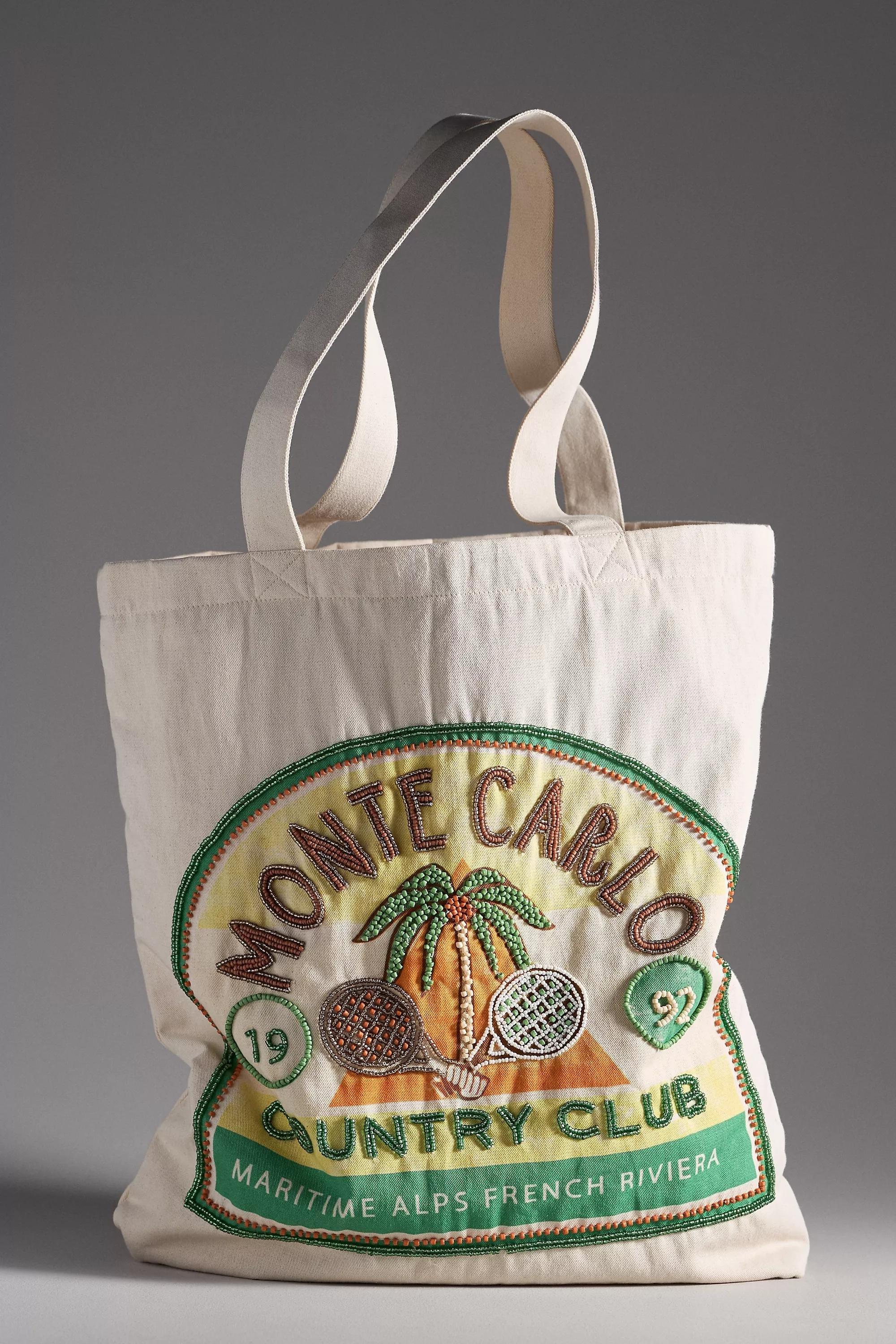 LIGHT YELLOW Graphic Beaded Canvas Tote Bag, A501_0270, large image number 0