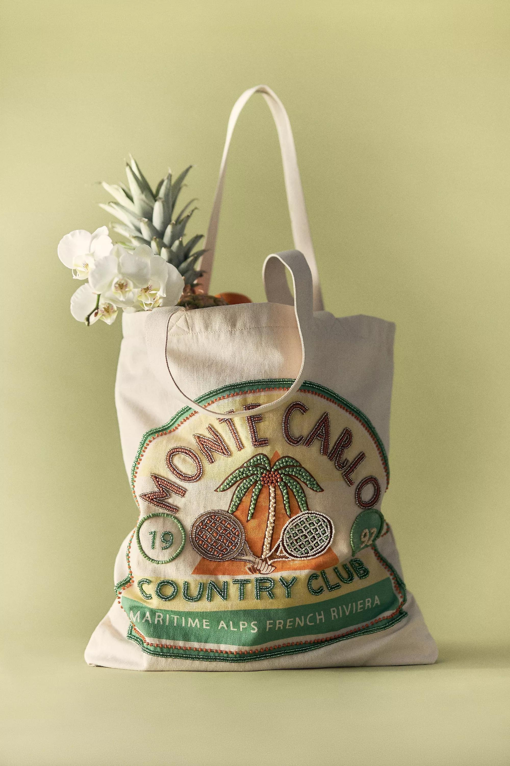 LIGHT YELLOW Graphic Beaded Canvas Tote Bag, A501_0270, large image number 1