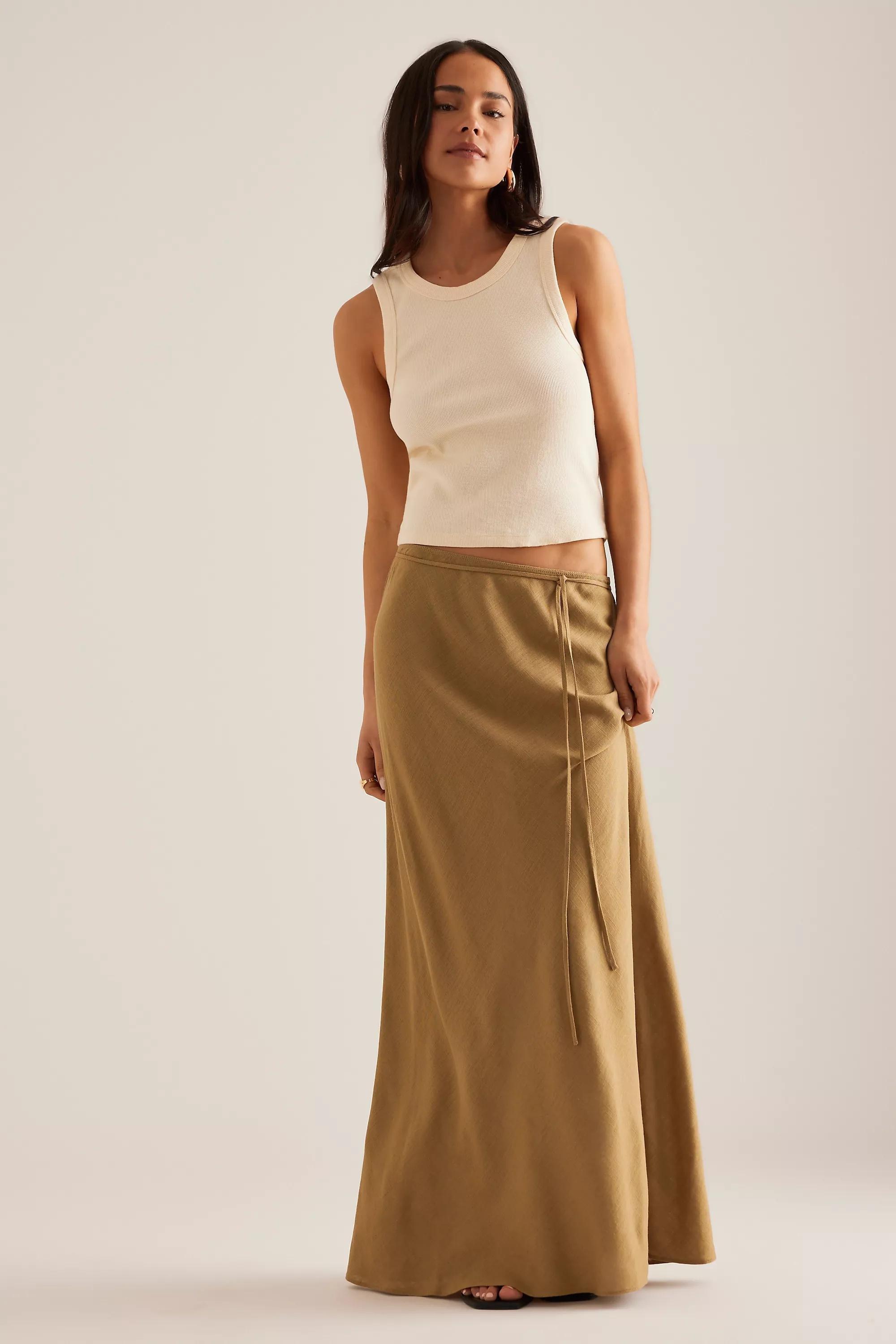 By Anthropologie Linen-Blend Bias Maxi Skirt, Khaki, , large image number 0