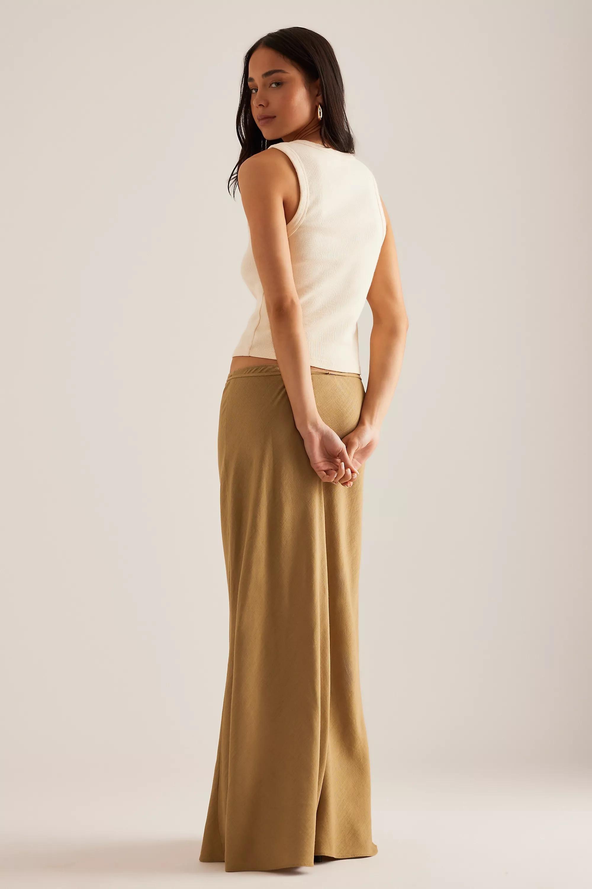 By Anthropologie Linen-Blend Bias Maxi Skirt, Khaki, , large image number 1