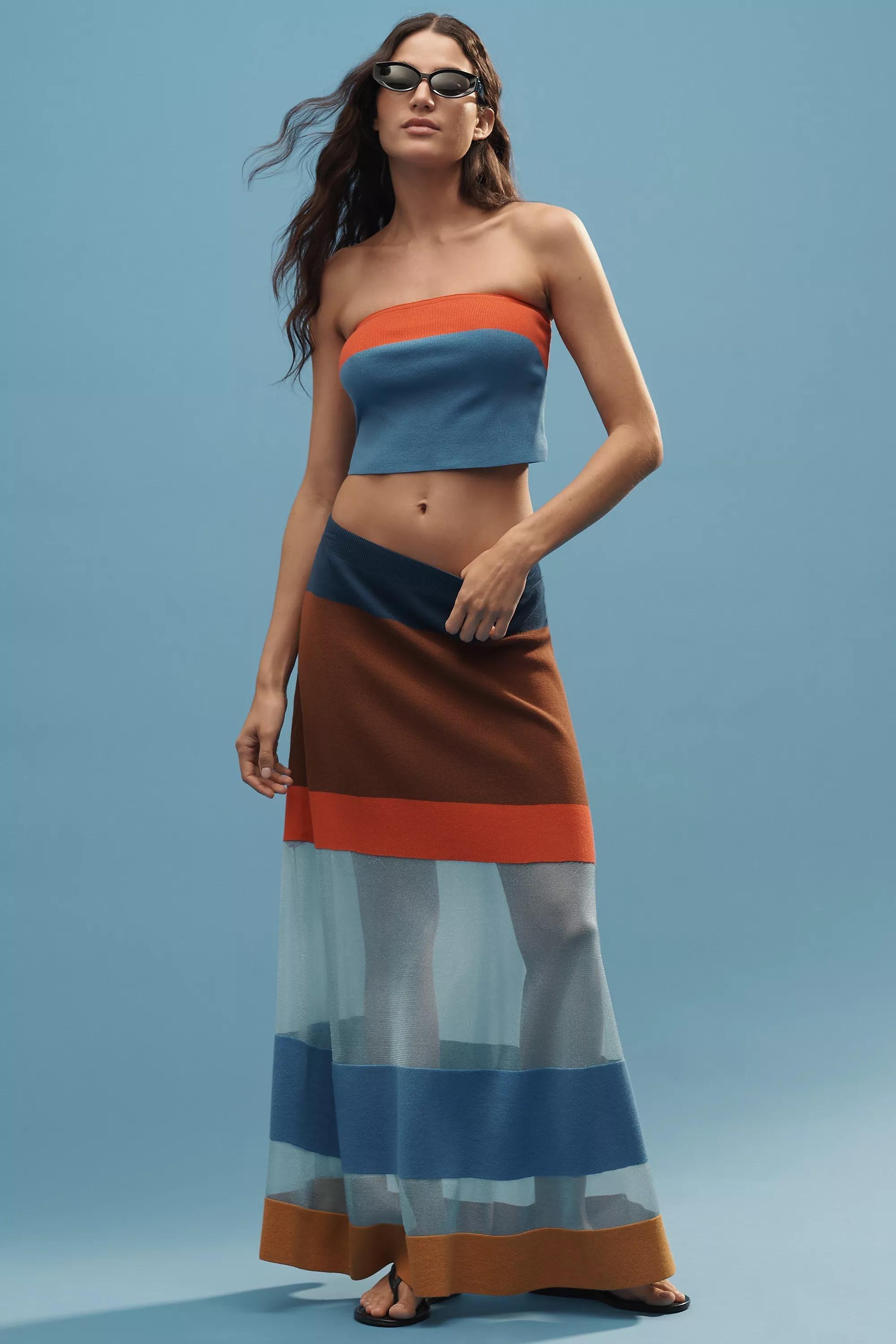 BLUE PATTERN Maeve Striped Sheer Maxi Skirt, , large image number 0
