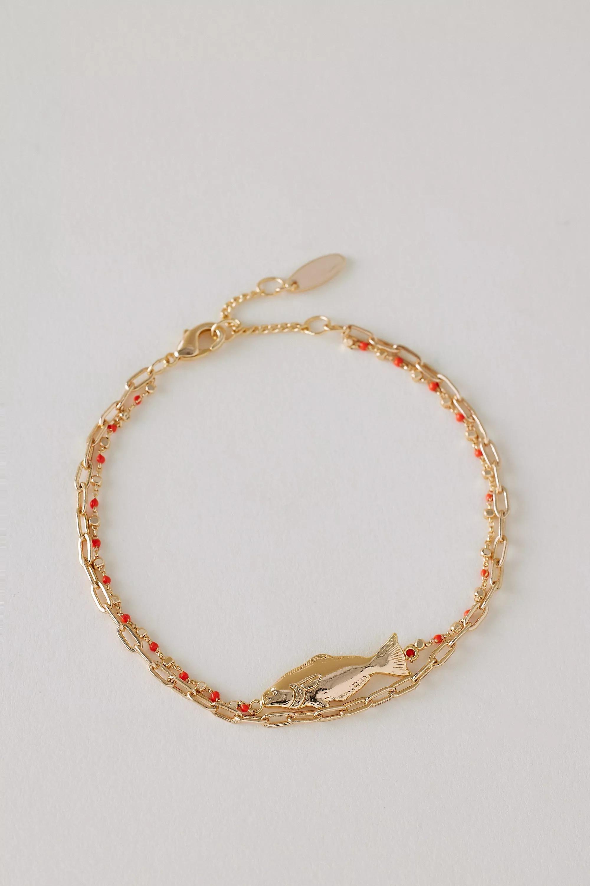 Gold-Plated Fish Charm Bracelet, Orange, A501_0085, large image number 0