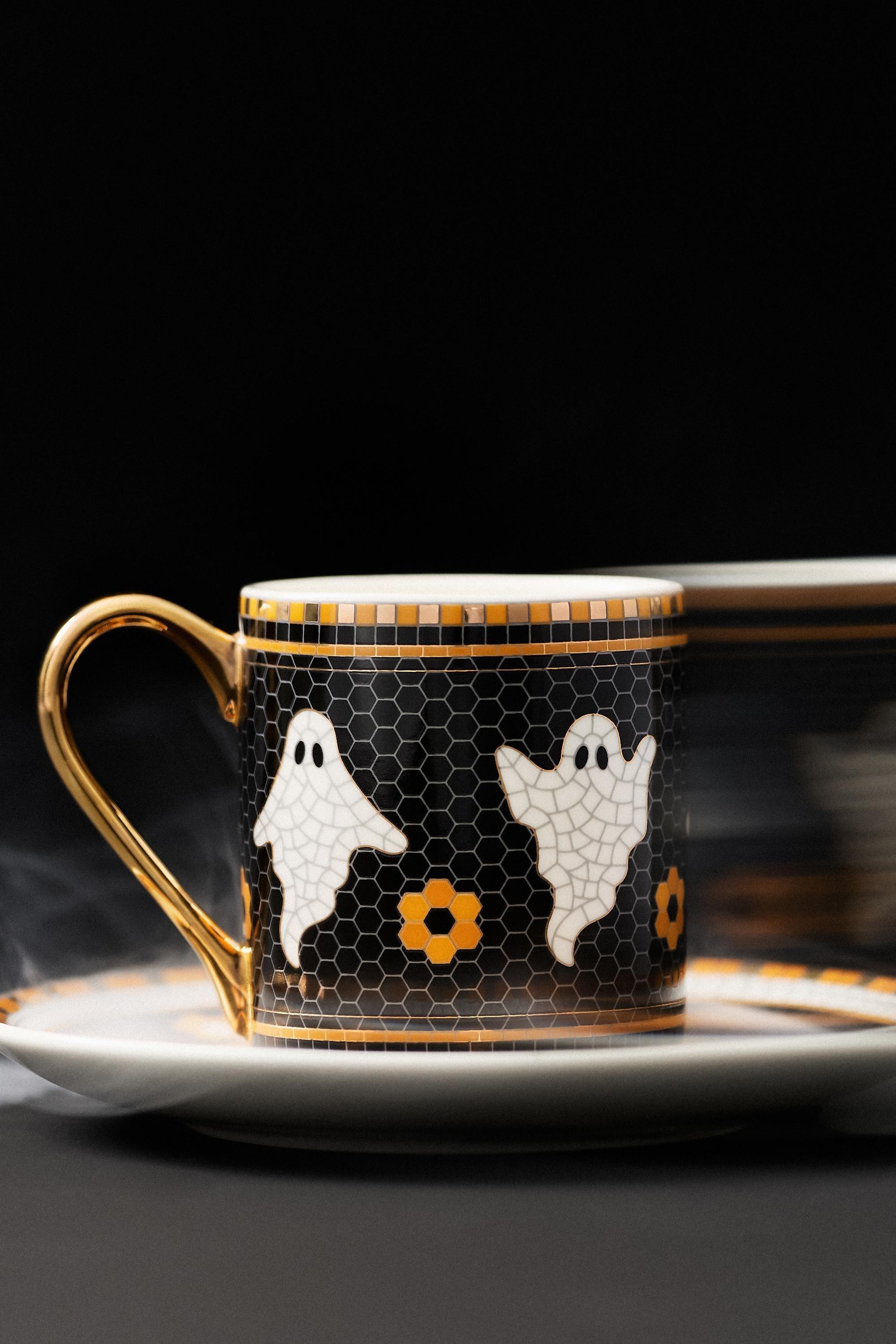 The Bistro Tile Stoneware Espresso Cup: Halloween Edition, White, medium