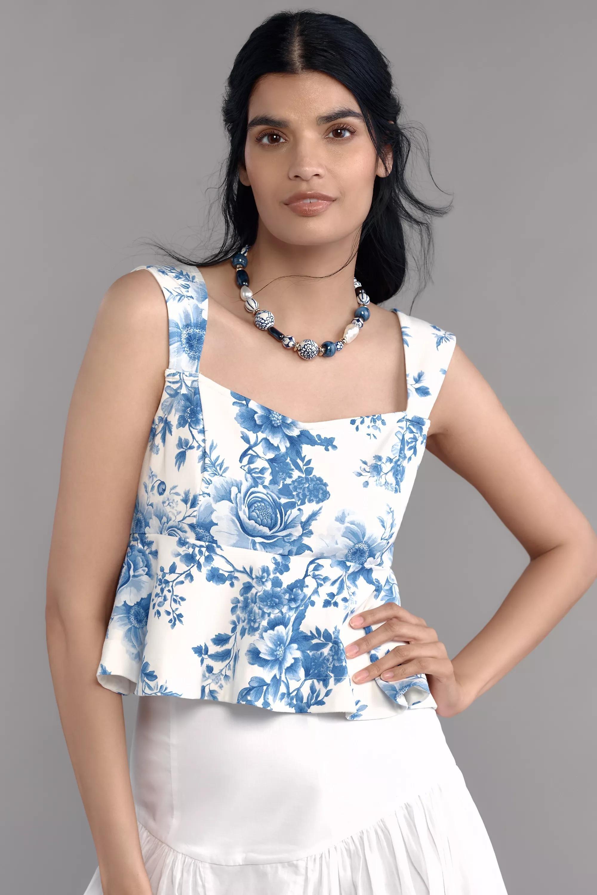 Maeve Square-Neck Peplum Tank Top, Blue, A501_0049, large image number 0